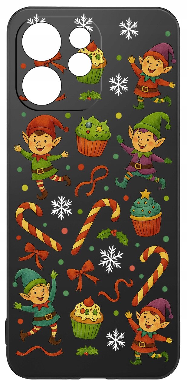 Etui na telefon z kolorowym wzorem przedstawiającym elfy, babeczki, laski cukrowe i śnieżynki na ciemnym tle. W lewym górnym rogu znajdują się wycięcia na aparat.