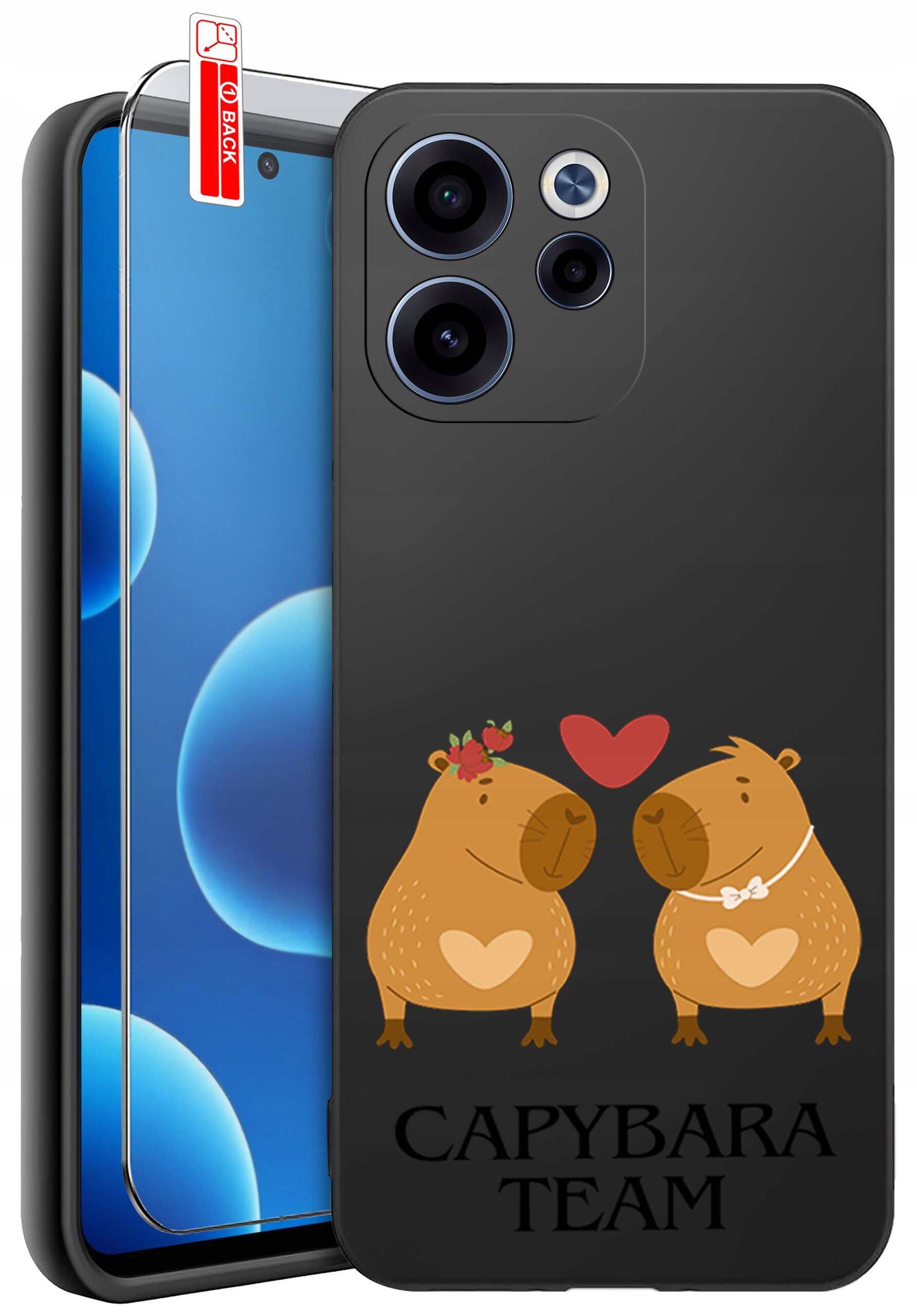 Czarne etui na telefon z grafiką dwóch kapibar z sercami na brzuchach i napisem \'CAPYBARA TEAM\'. Obok etui znajduje się szkło ochronne z oznaczeniem \'BACK\'.