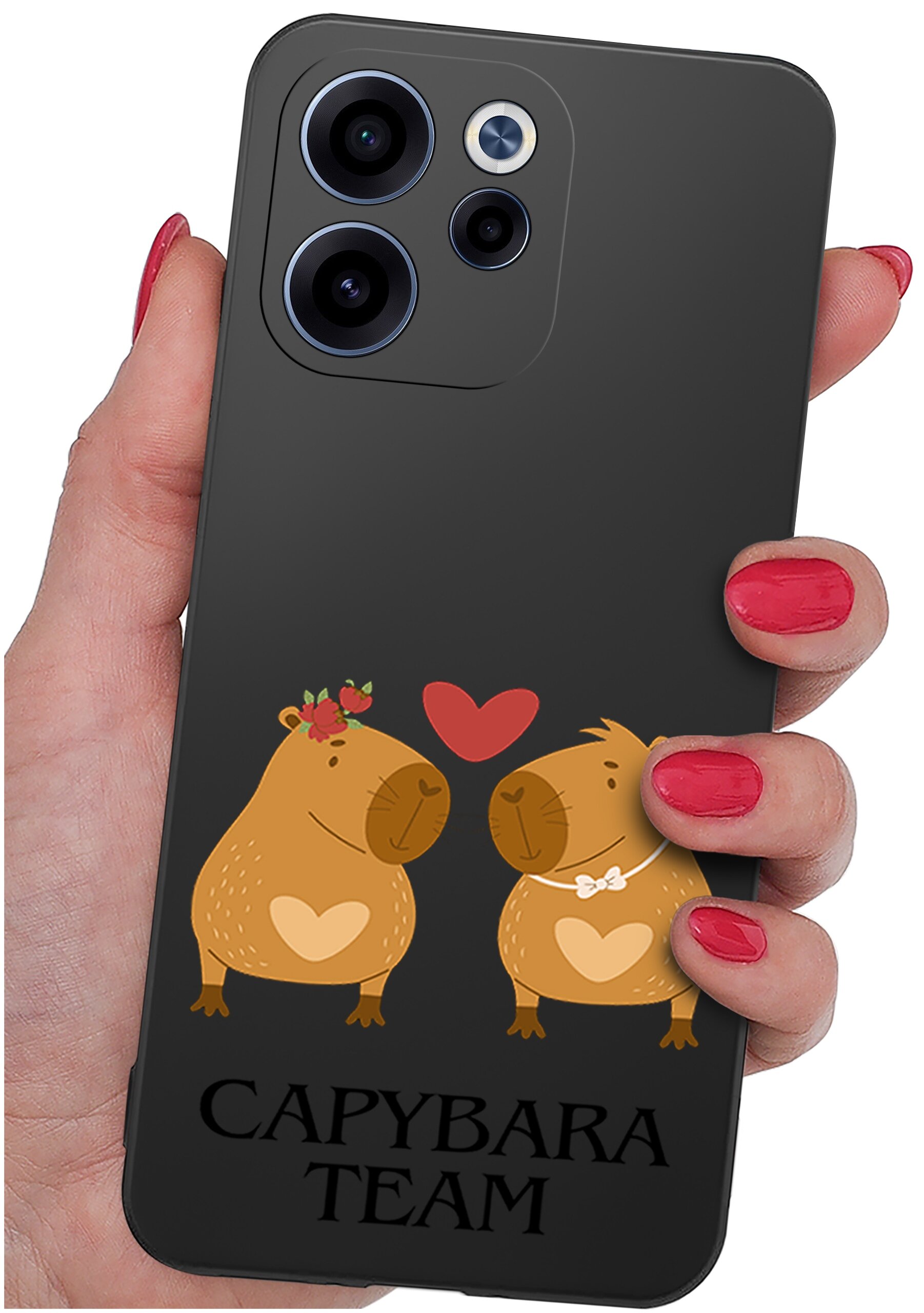 Czarna obudowa telefonu z grafiką dwóch kapibar z sercami na brzuchach i czerwonym sercem między nimi. Na dole widnieje napis \'CAPYBARA TEAM\'.