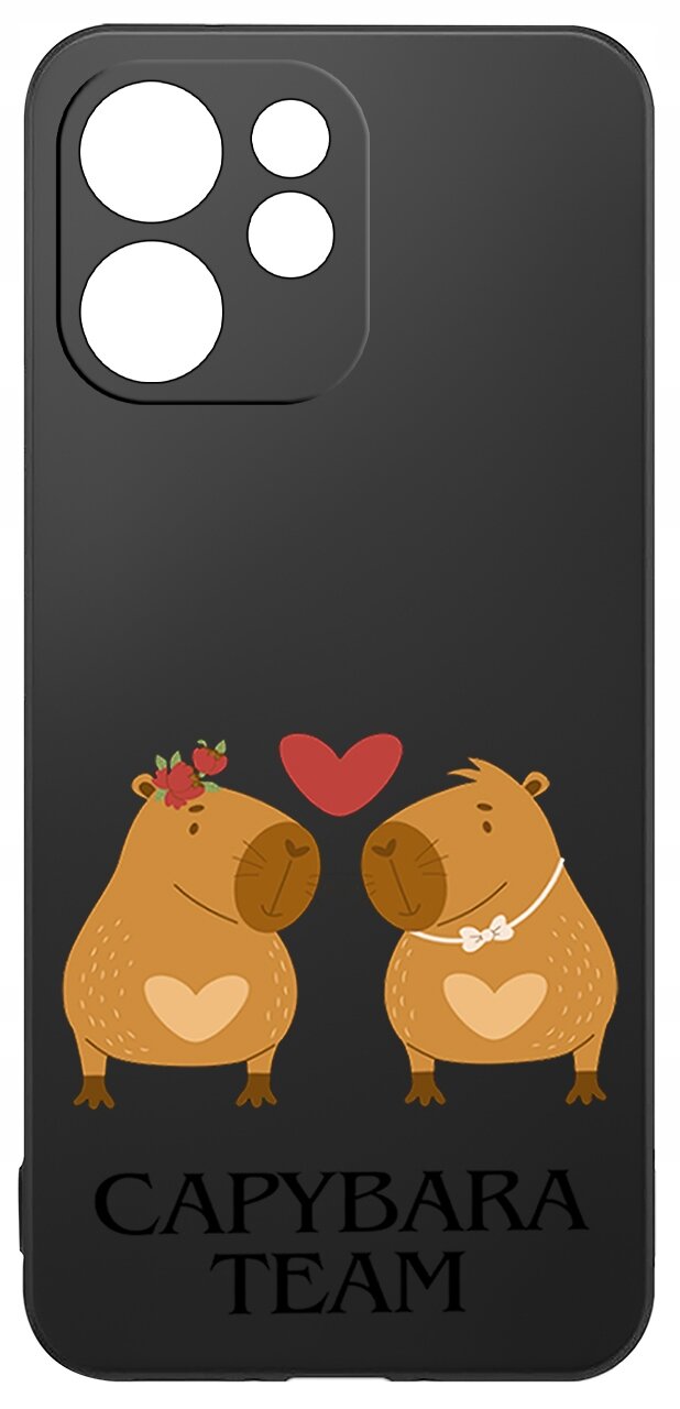 Czarne etui z grafiką dwóch kapibar z sercami na brzuchach, nad którymi unosi się czerwone serce. Na dole widnieje napis \'CAPYBARA TEAM\'.