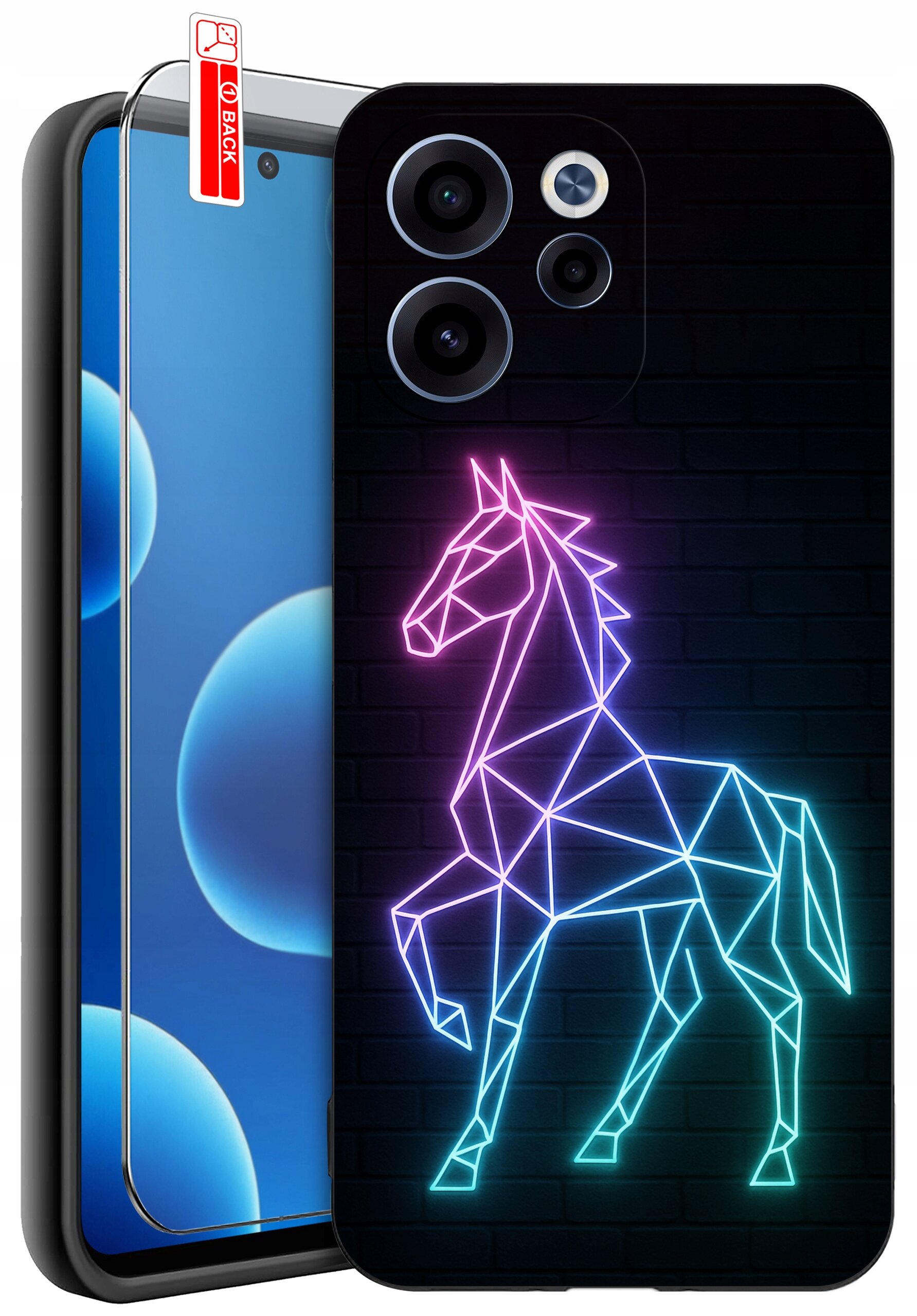 Etui na telefon z neonowym wzorem konia w geometrycznym stylu na ciemnym tle. Obok znajduje się szkło ochronne z napisem \'BACK\'.