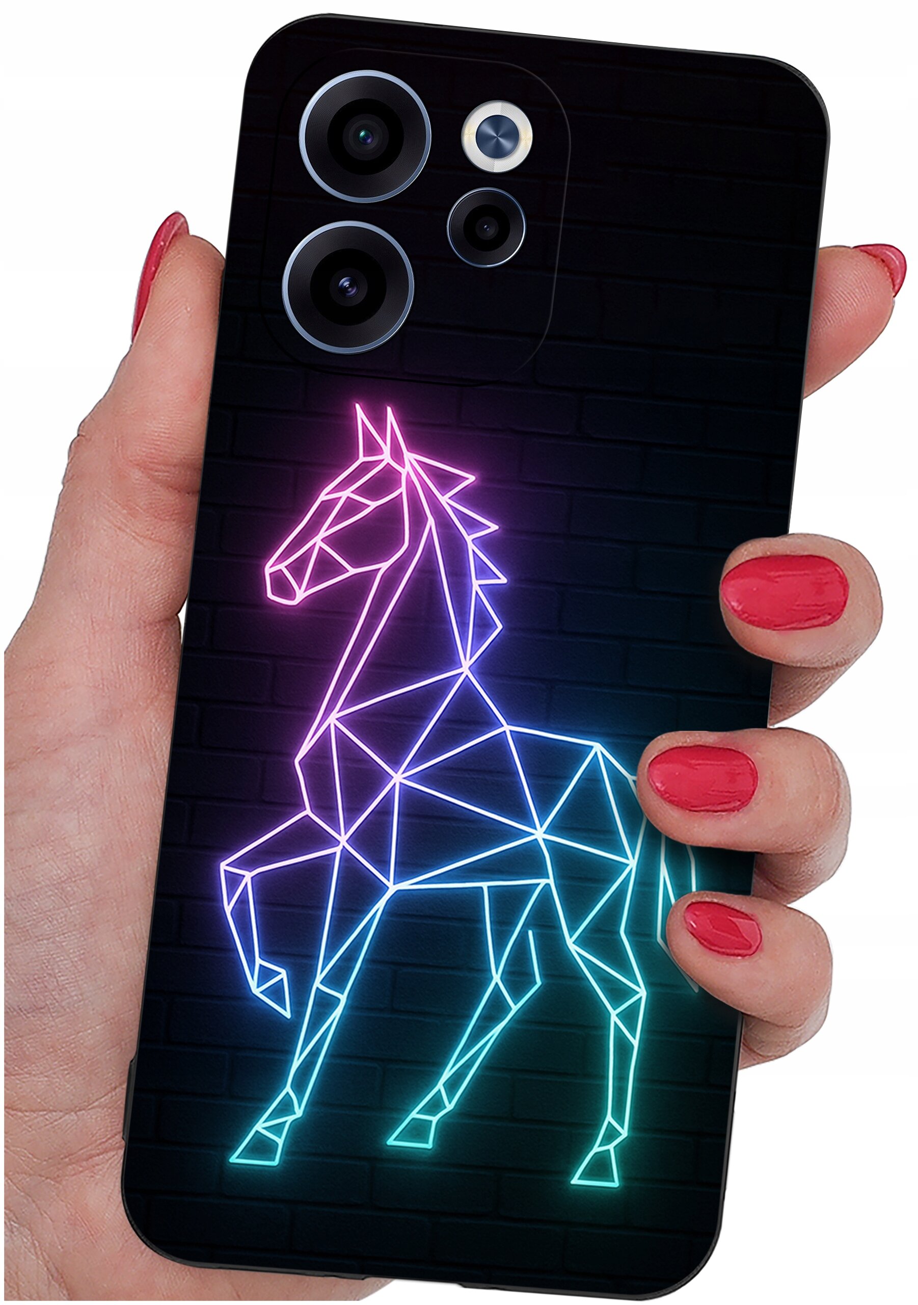 Etui na telefon z neonowym wzorem konia w geometrycznym stylu, trzymane w dłoni z pomalowanymi na czerwono paznokciami.