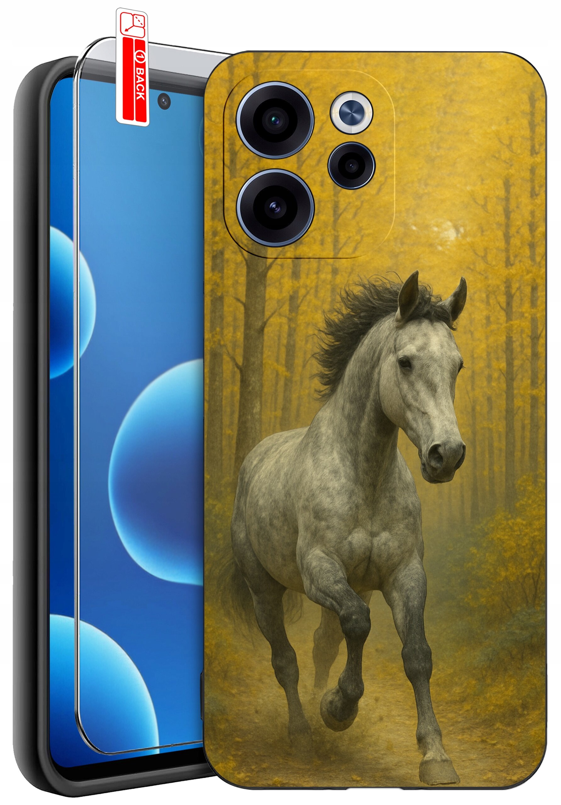 Etui na telefon z nadrukiem galopującego konia na tle jesiennego lasu, obok widoczne szkło ochronne z napisem \'BACK\'.