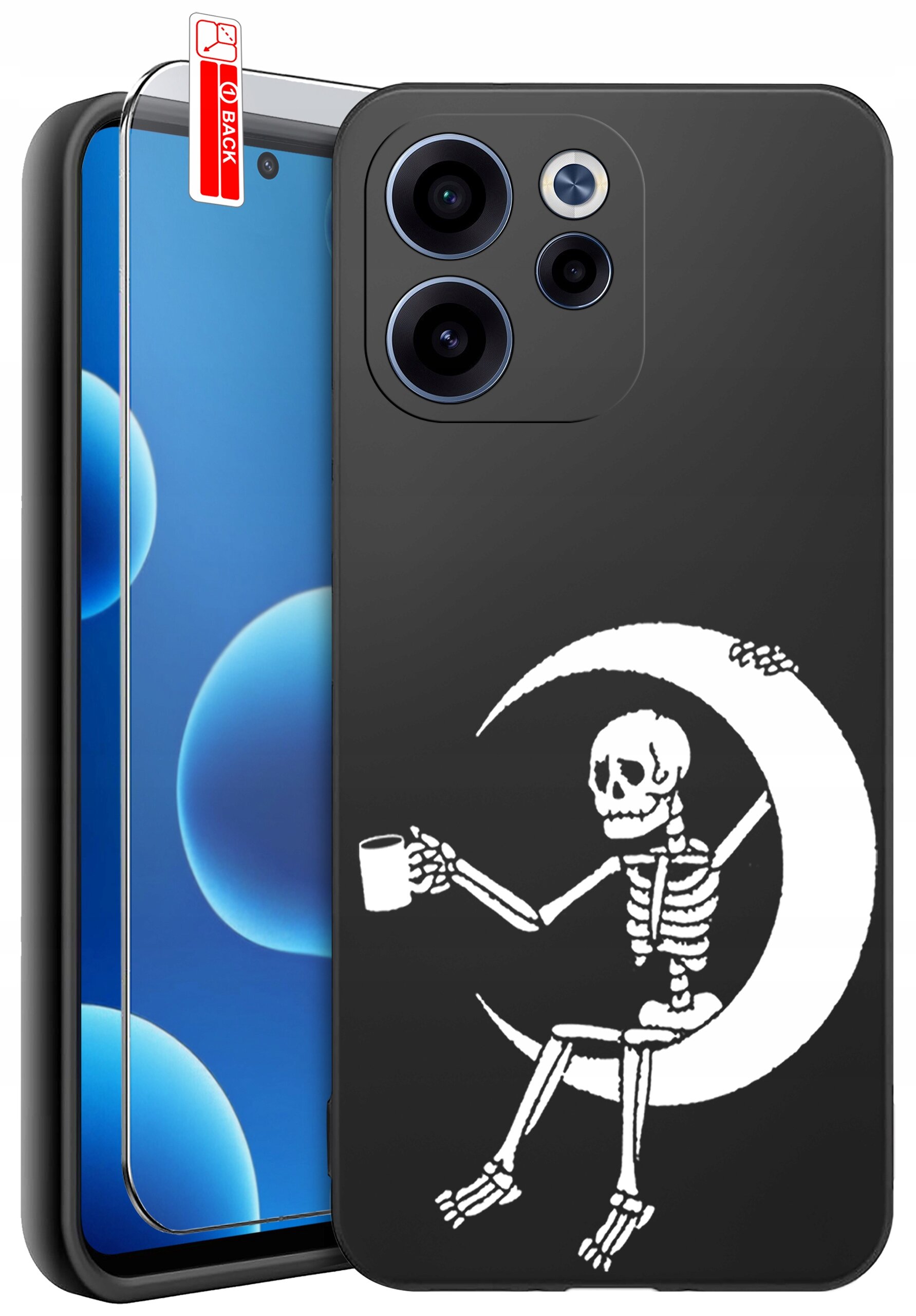 Czarne etui na telefon z nadrukiem białego szkieletu siedzącego na księżycu, trzymającego kubek. Obok znajduje się szkło ochronne z napisem \'BACK\'.