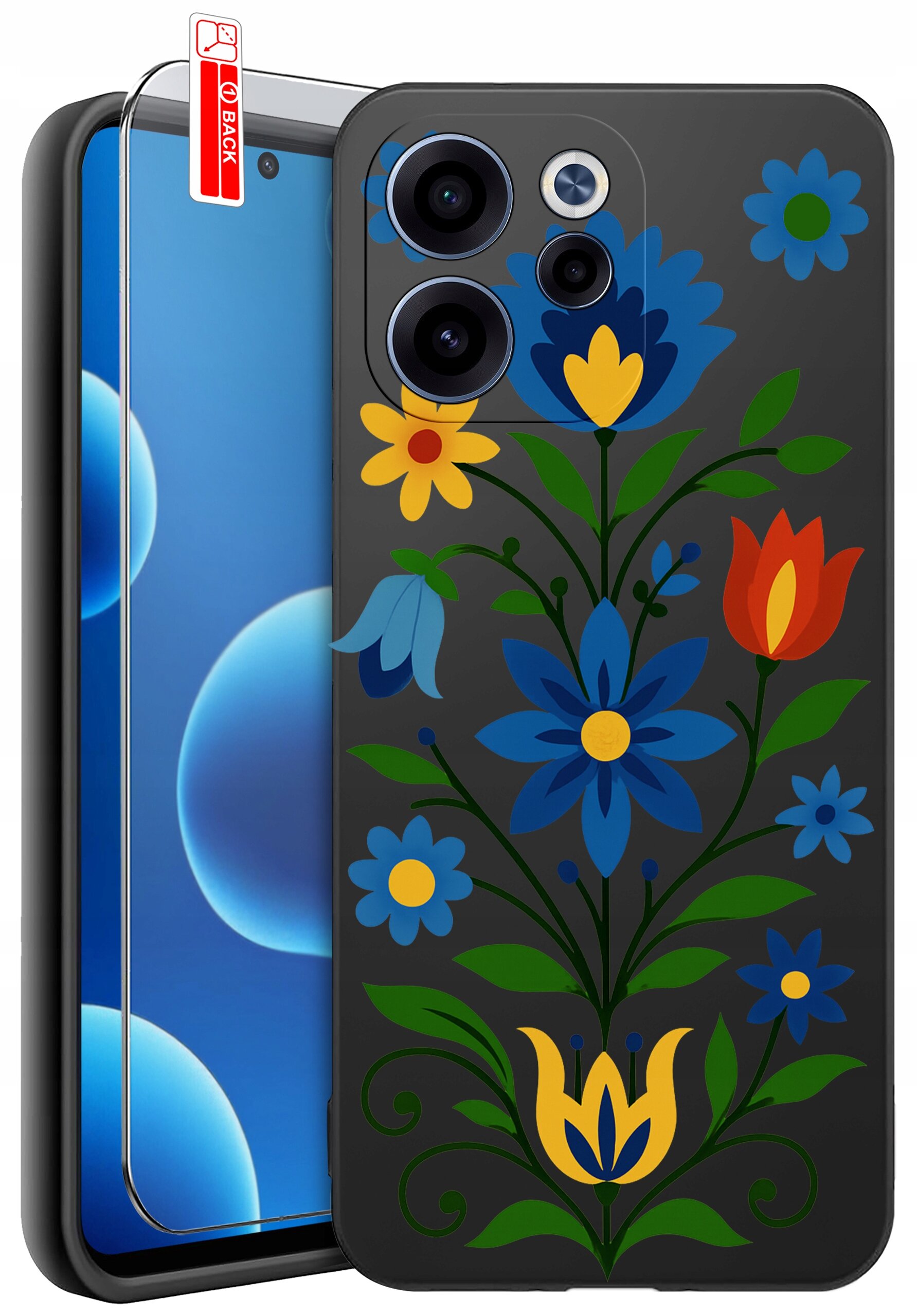 Etui na telefon z kolorowym wzorem kwiatowym w odcieniach niebieskiego, czerwonego i żółtego. Obok etui znajduje się szkło ochronne z napisem \'BACK\'.