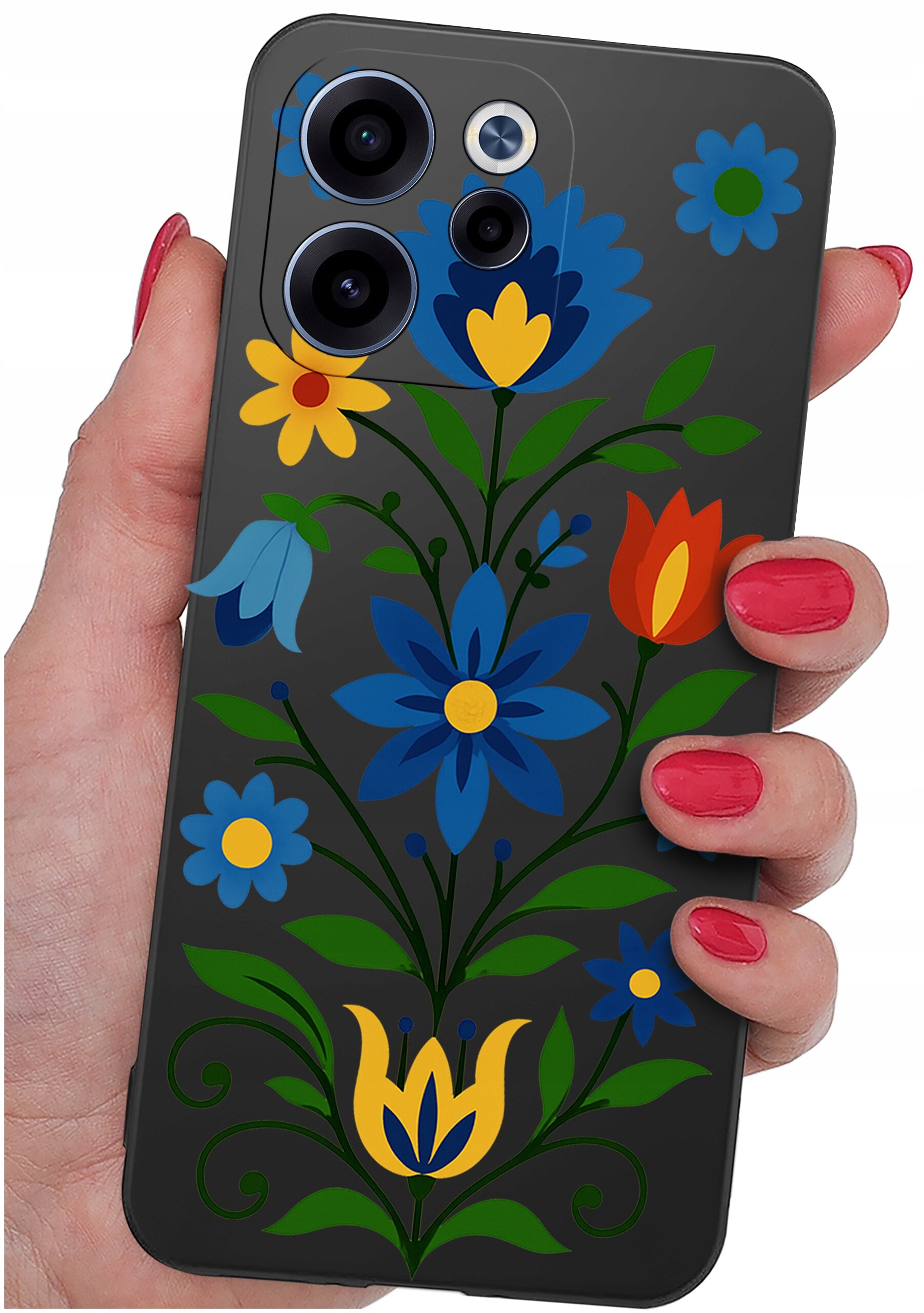 Osoba trzyma telefon z etui ozdobionym kolorowymi kwiatowymi wzorami na ciemnym tle. Etui posiada wycięcia na trzy obiektywy aparatu.