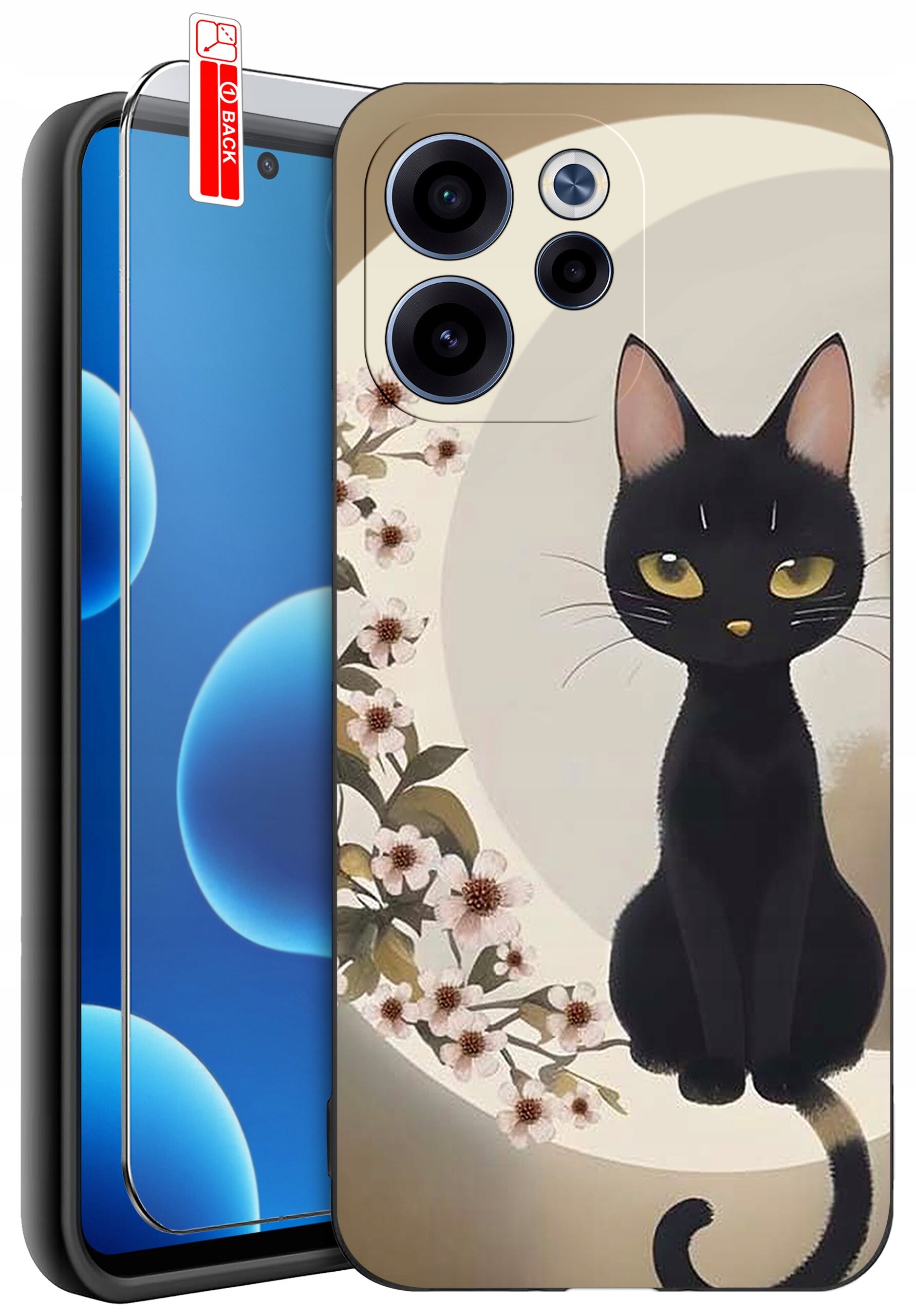 Etui na telefon z nadrukiem czarnego kota na tle okręgu z kwiatami. Obok znajduje się szkło ochronne z napisem \'BACK\'.
