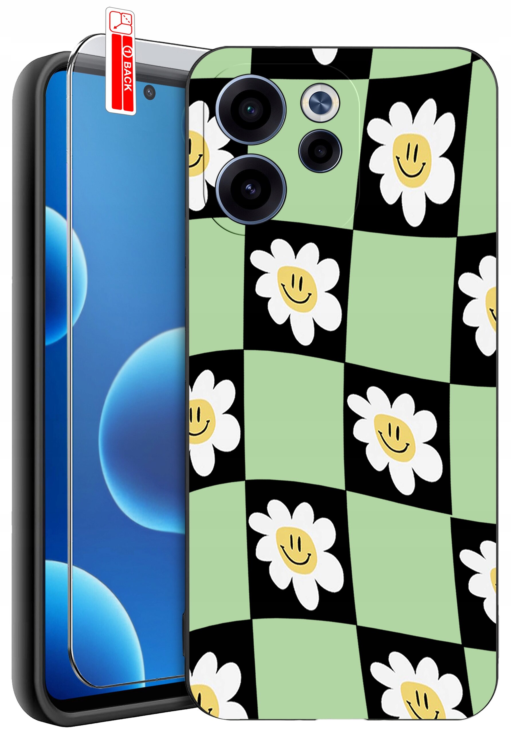 Obraz przedstawia telefon z nałożonym etui o wzorze szachownicy z kwiatami o uśmiechniętych twarzach. Obok telefonu znajduje się szkło ochronne z etykietą \'BACK\'.
