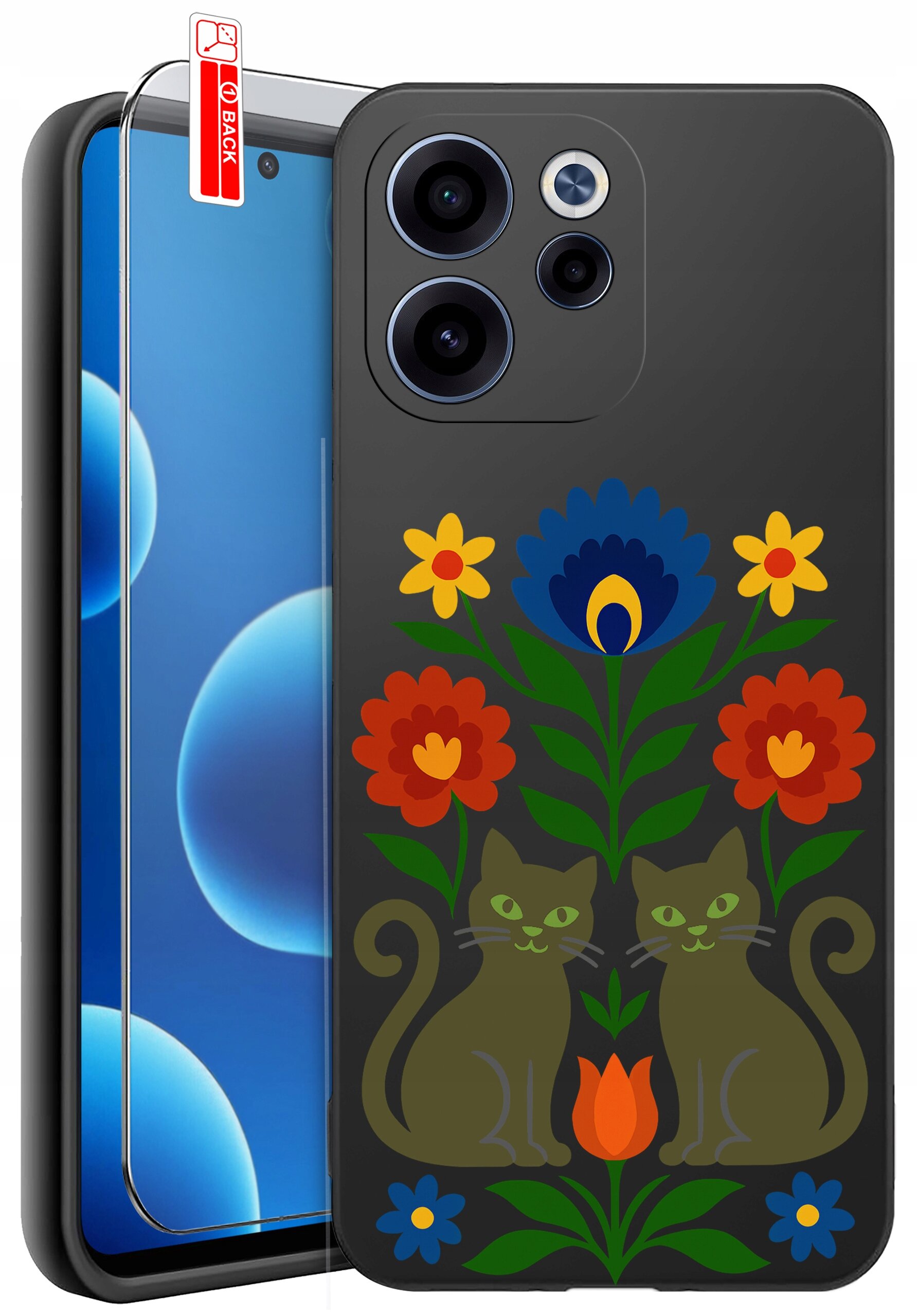 Etui na telefon z kolorowym wzorem przedstawiającym dwa koty otoczone kwiatami. Obok etui znajduje się szkło ochronne z naklejką \'BACK\'.
