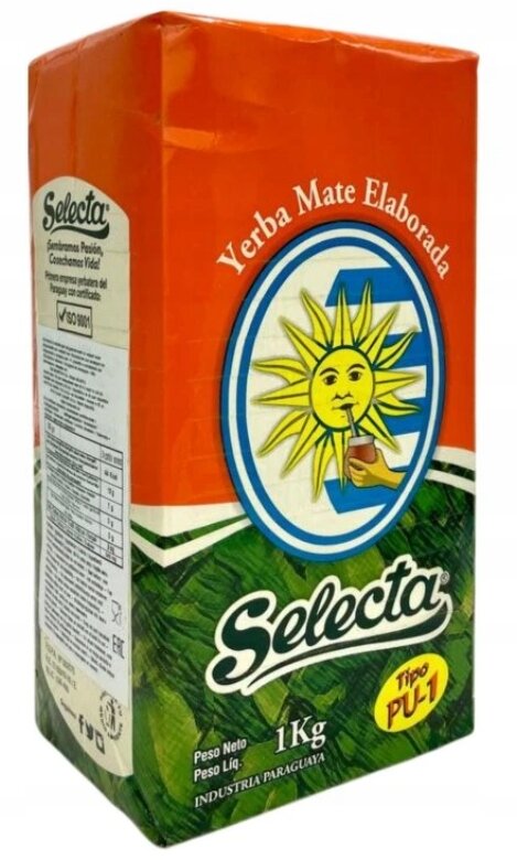 Opakowanie yerba mate z napisem \'Yerba Mate Elaborada\' i logo słońca pijącego napój. Widoczny tekst: \'Selecta\', \'Tipo PU-1\', \'1 Kg\', \'Industria Paraguaya\'.