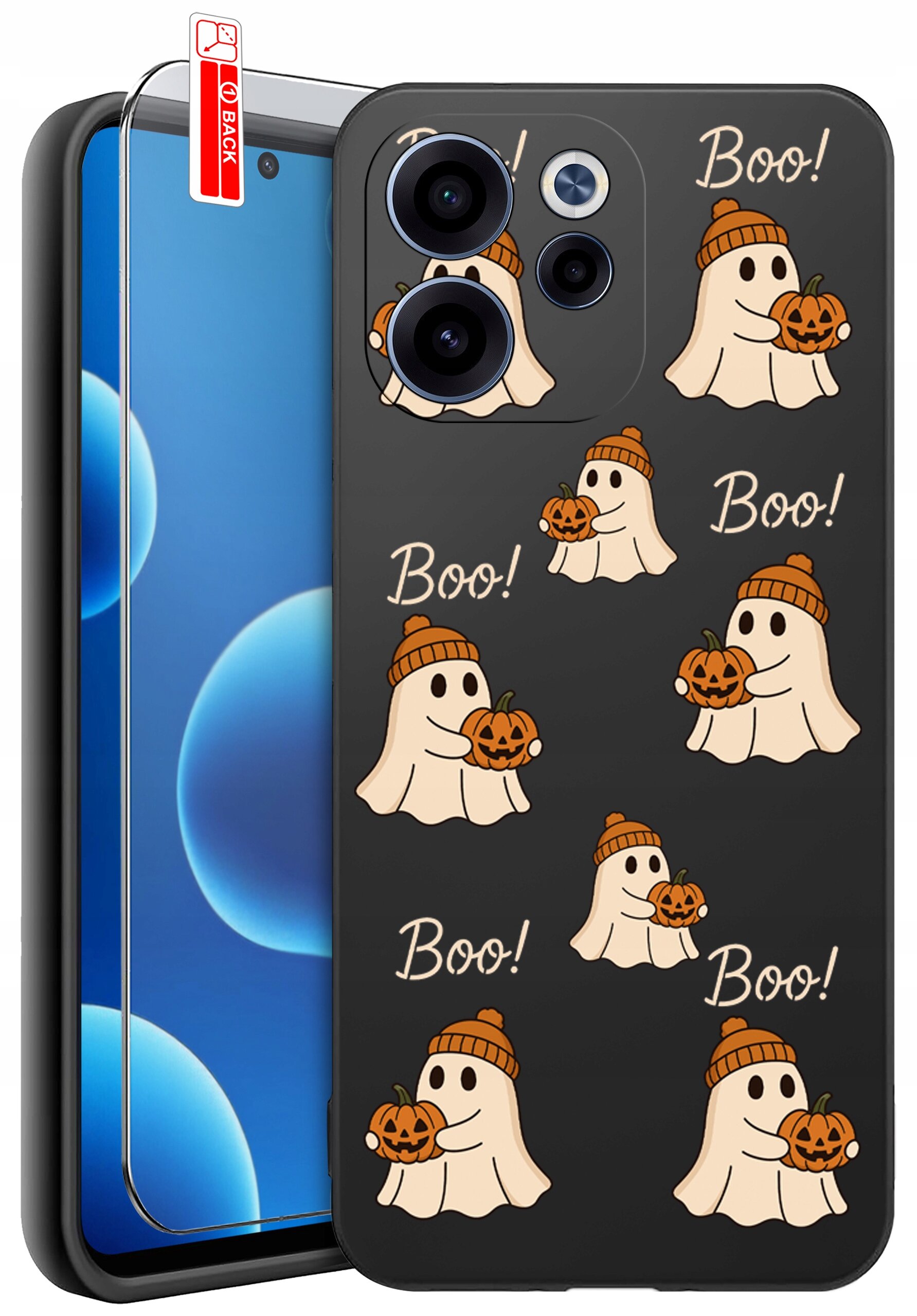 Etui na telefon z motywem duchów trzymających dynie, z napisem \'Boo!\' na czarnym tle. Obok etui znajduje się szkło ochronne z oznaczeniem \'BACK\'.