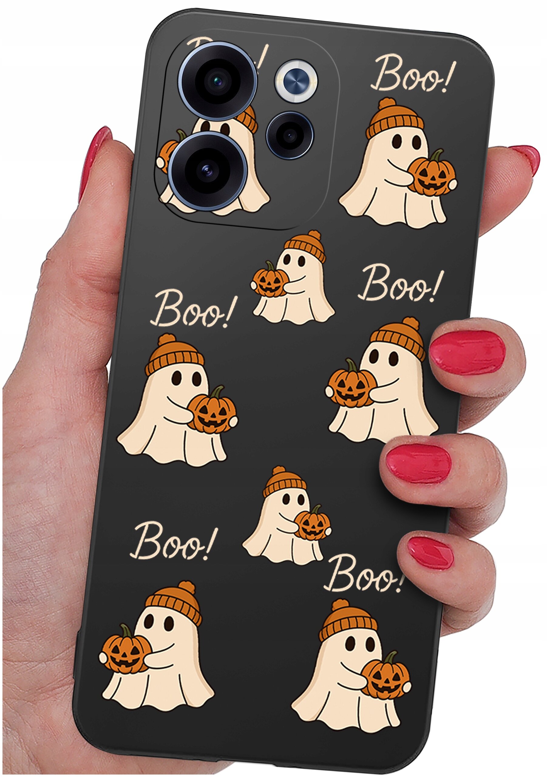 Etui na telefon z czarnym tłem, ozdobione wzorem przedstawiającym ducha w czapce trzymającego dynię oraz napisem \'Boo!\'.