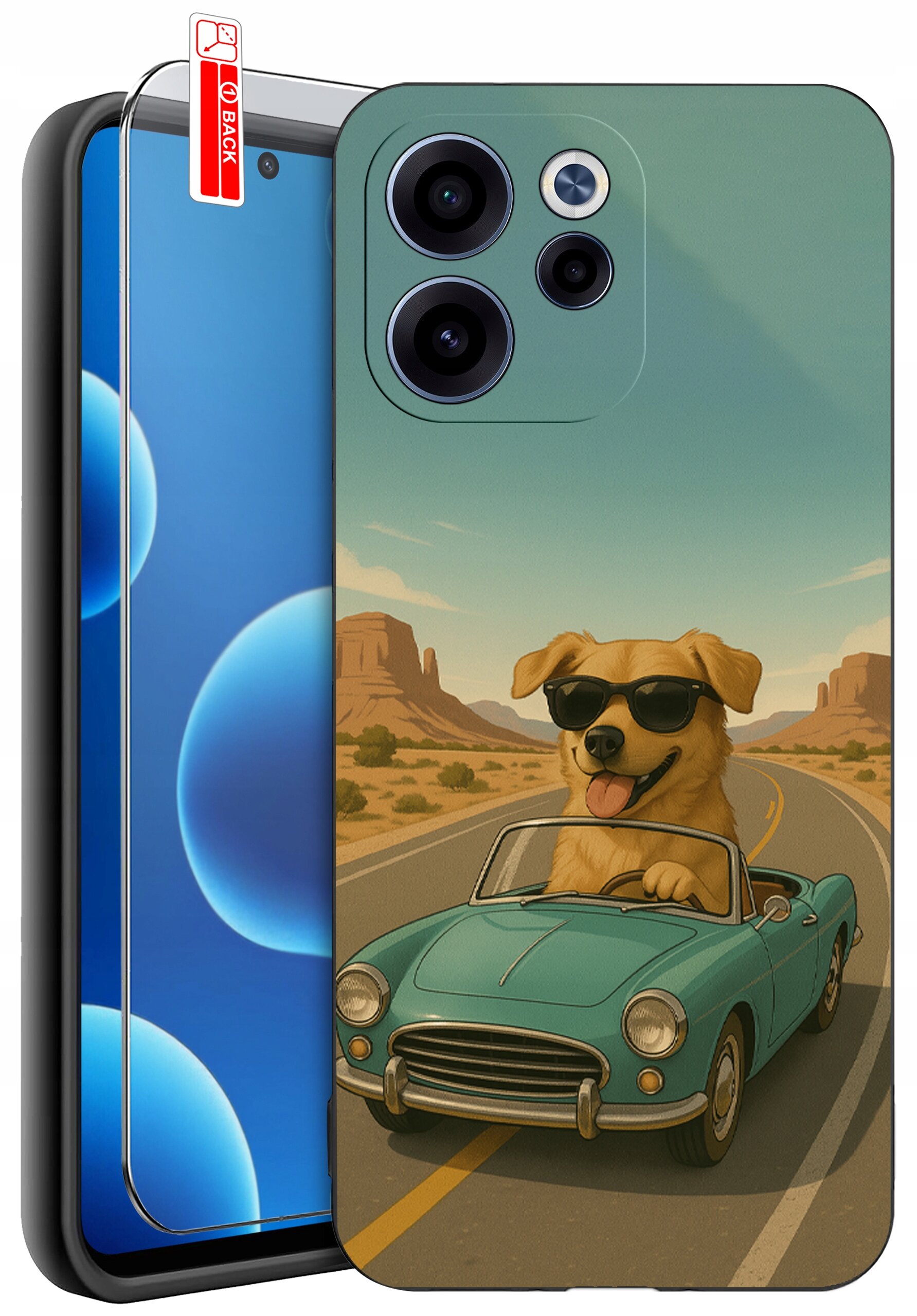 Etui na telefon z nadrukiem psa w okularach przeciwsłonecznych, prowadzącego niebieski kabriolet na pustynnej drodze. Obok etui znajduje się szkło ochronne z oznaczeniem \'BACK\'.