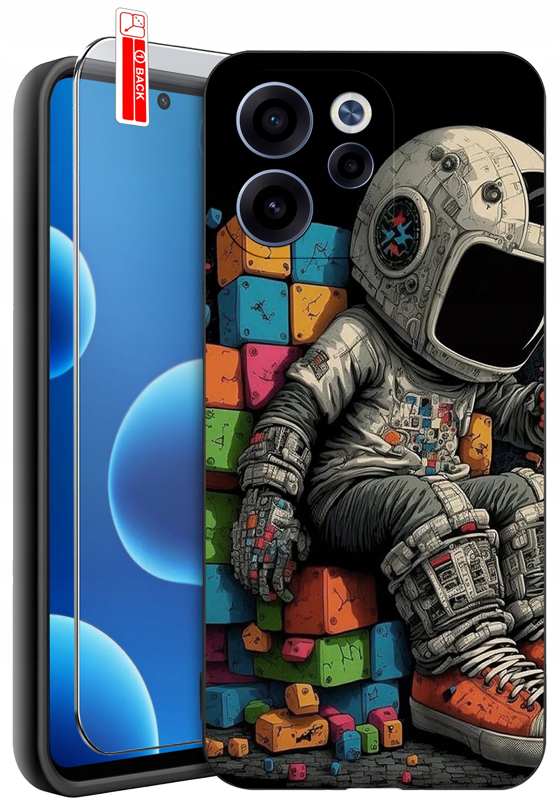 Etui na telefon z kolorowym wzorem przedstawiającym astronautę siedzącego na klockach. Obok etui znajduje się szkło ochronne z napisem \'BACK\'.