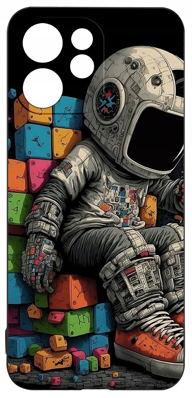Etui na telefon z kolorowym nadrukiem przedstawiającym astronautę siedzącego na stosie kolorowych klocków. Astronauta ma na sobie szczegółowy skafander i pomarańczowe buty.