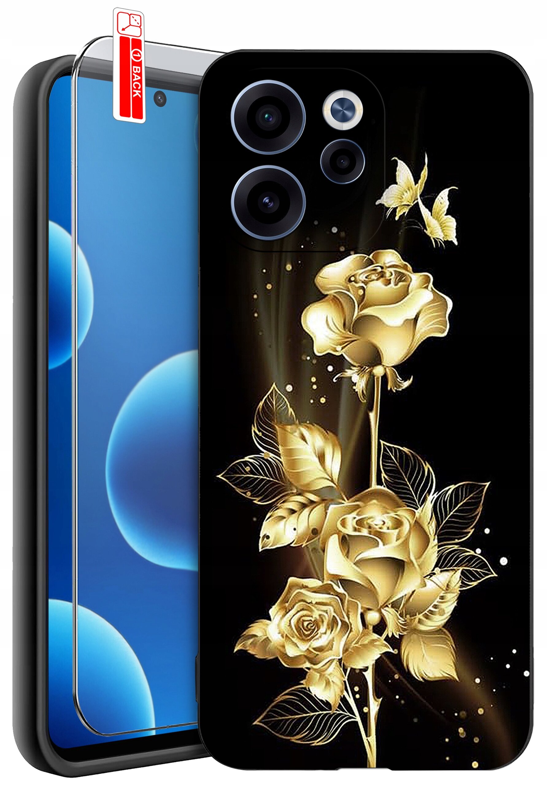 Obraz przedstawia etui na telefon z wzorem złotych róż i motyli na czarnym tle. Obok etui znajduje się szkło ochronne z napisem \'BACK\'.