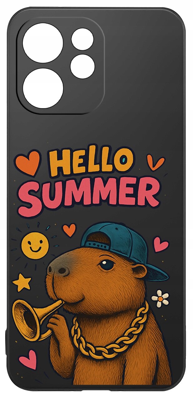 Czarne etui z kolorowym nadrukiem przedstawiającym zwierzę w czapce z łańcuchem, trzymające trąbkę, oraz napis \'HELLO SUMMER\'. Wokół znajdują się serca, gwiazdki i uśmiechnięta buźka.