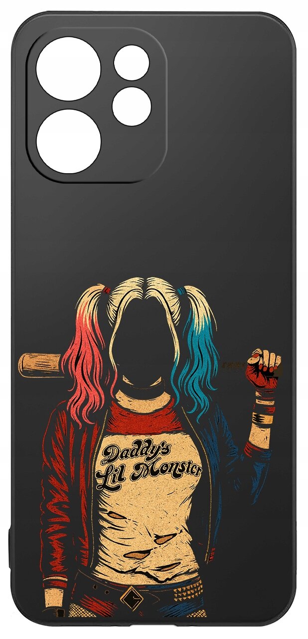 Czarne etui z kolorowym nadrukiem postaci z dwukolorowymi włosami, trzymającej kij baseballowy. Na koszulce widoczny jest napis \'Daddy\'s Lil Monster\'.