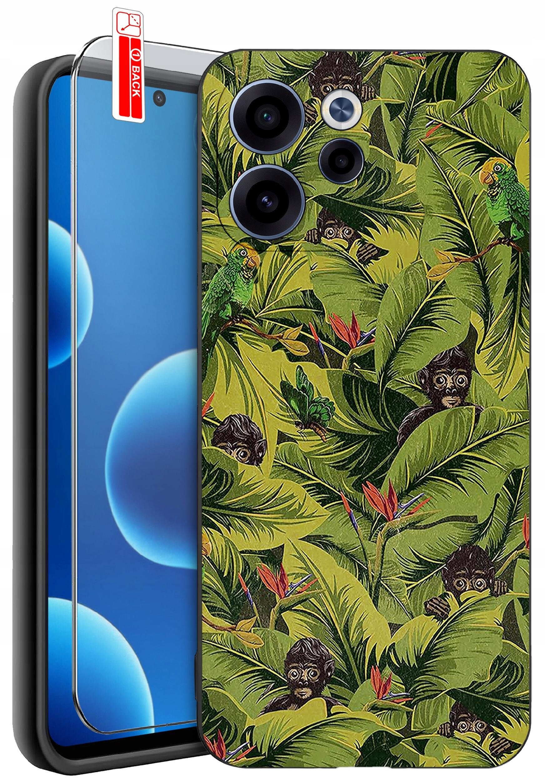 Etui na telefon z wzorem przedstawiającym zielone liście i małpy, obok znajduje się szkło ochronne z napisem \'BACK\'.