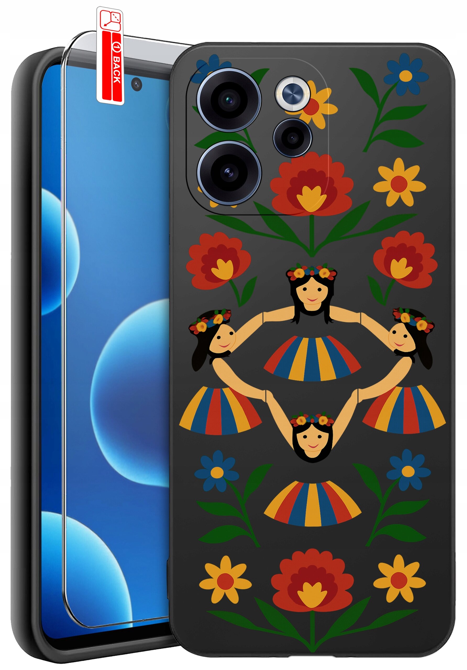 Etui na telefon z kolorowym wzorem przedstawiającym postacie w sukienkach i kwiaty. Obok znajduje się szkło ochronne z oznaczeniem \'BACK\'.
