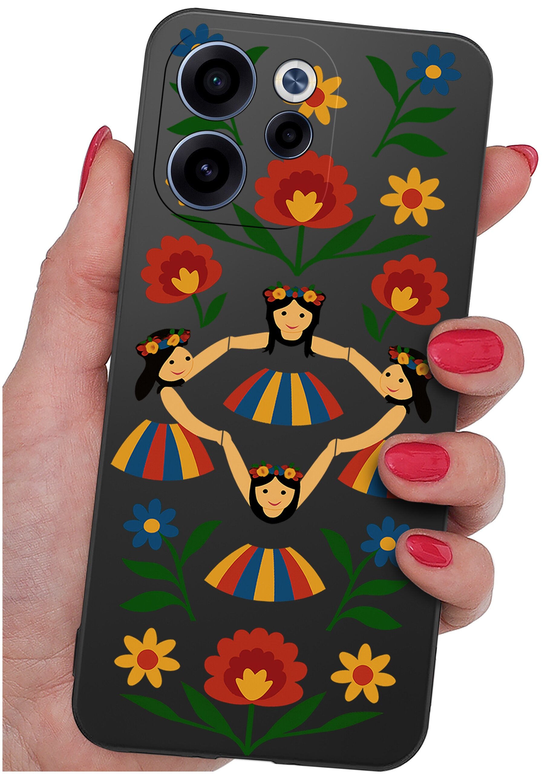 Etui na telefon z kolorowym wzorem przedstawiającym postacie w tradycyjnych strojach i kwiatowe motywy. Etui jest trzymane w dłoni z pomalowanymi na czerwono paznokciami.