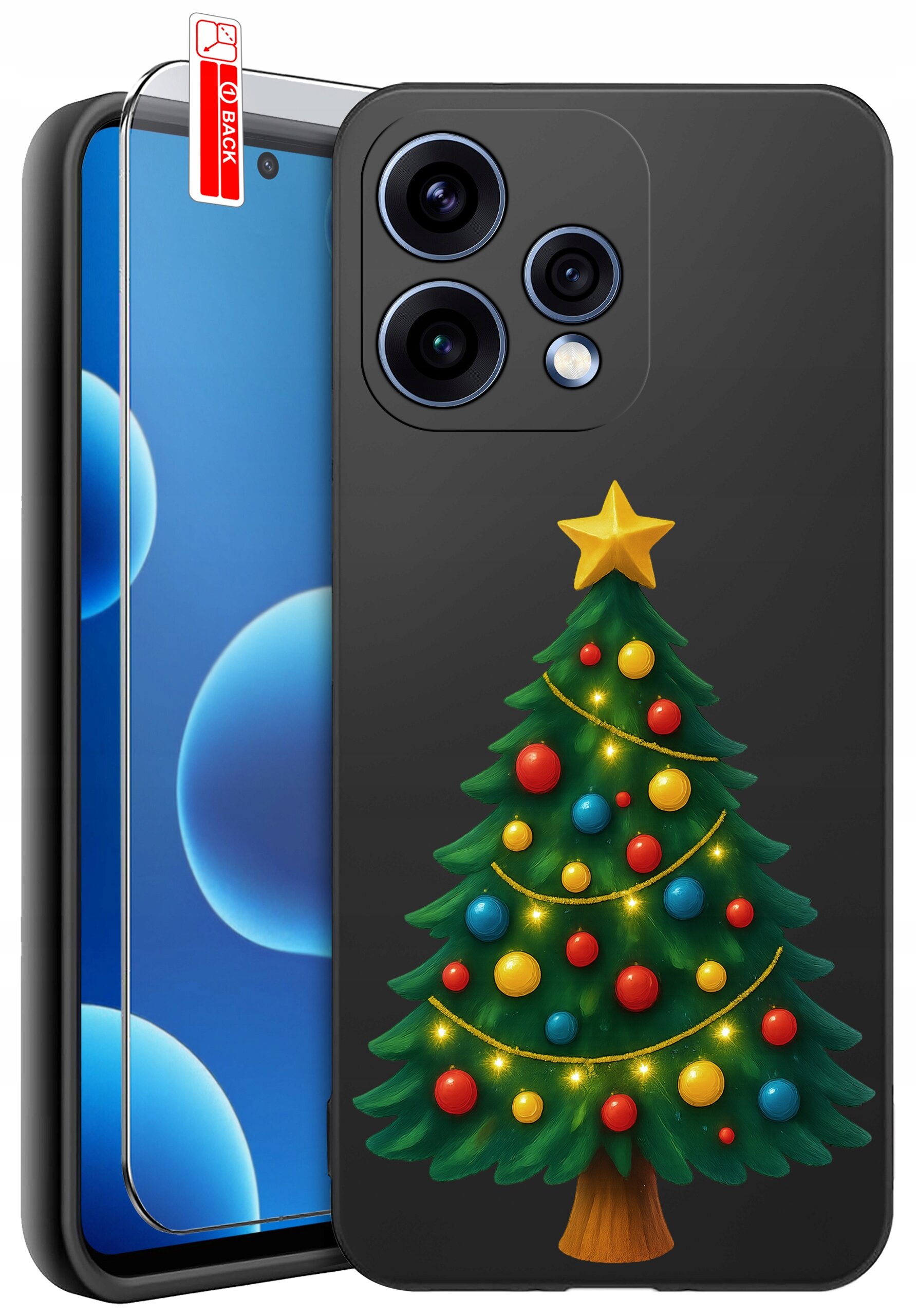 Etui na telefon z motywem choinki ozdobionej kolorowymi bombkami i gwiazdą na szczycie. Obok znajduje się szkło ochronne z napisem \'BACK\'.