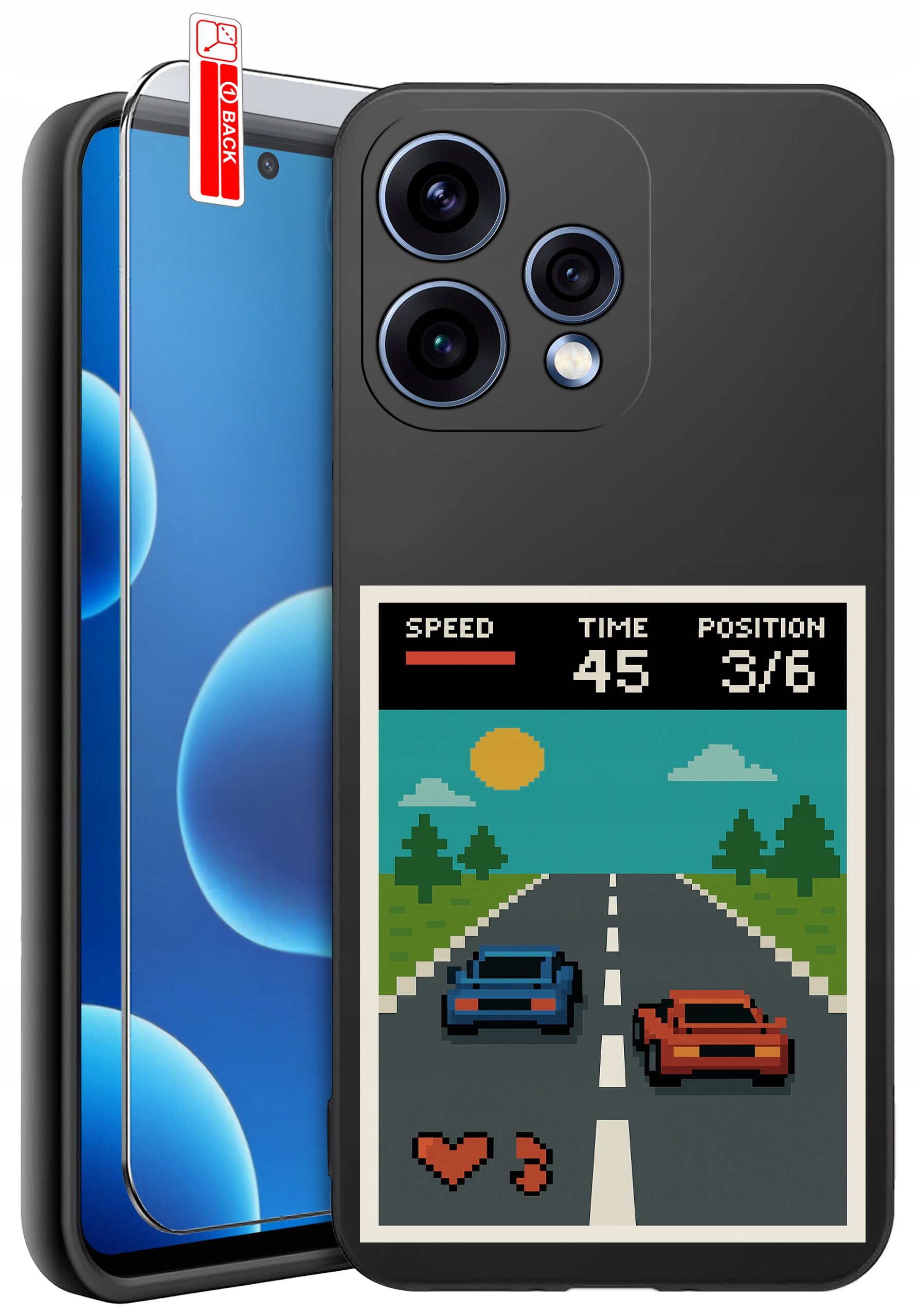 Etui na telefon z grafiką przedstawiającą pikselową grę wyścigową, z dwoma samochodami na drodze i wskaźnikami \'SPEED\', \'TIME 45\', \'POSITION 3/6\'. Obok etui znajduje się szkło ochronne z etykietą \'BACK\'.