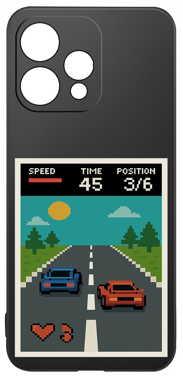 Etui na telefon z grafiką przedstawiającą pikselową grę wyścigową, z dwoma samochodami na drodze, drzewami i słońcem w tle. Widoczny tekst: \'SPEED\', \'TIME 45\', \'POSITION 3/6\'.