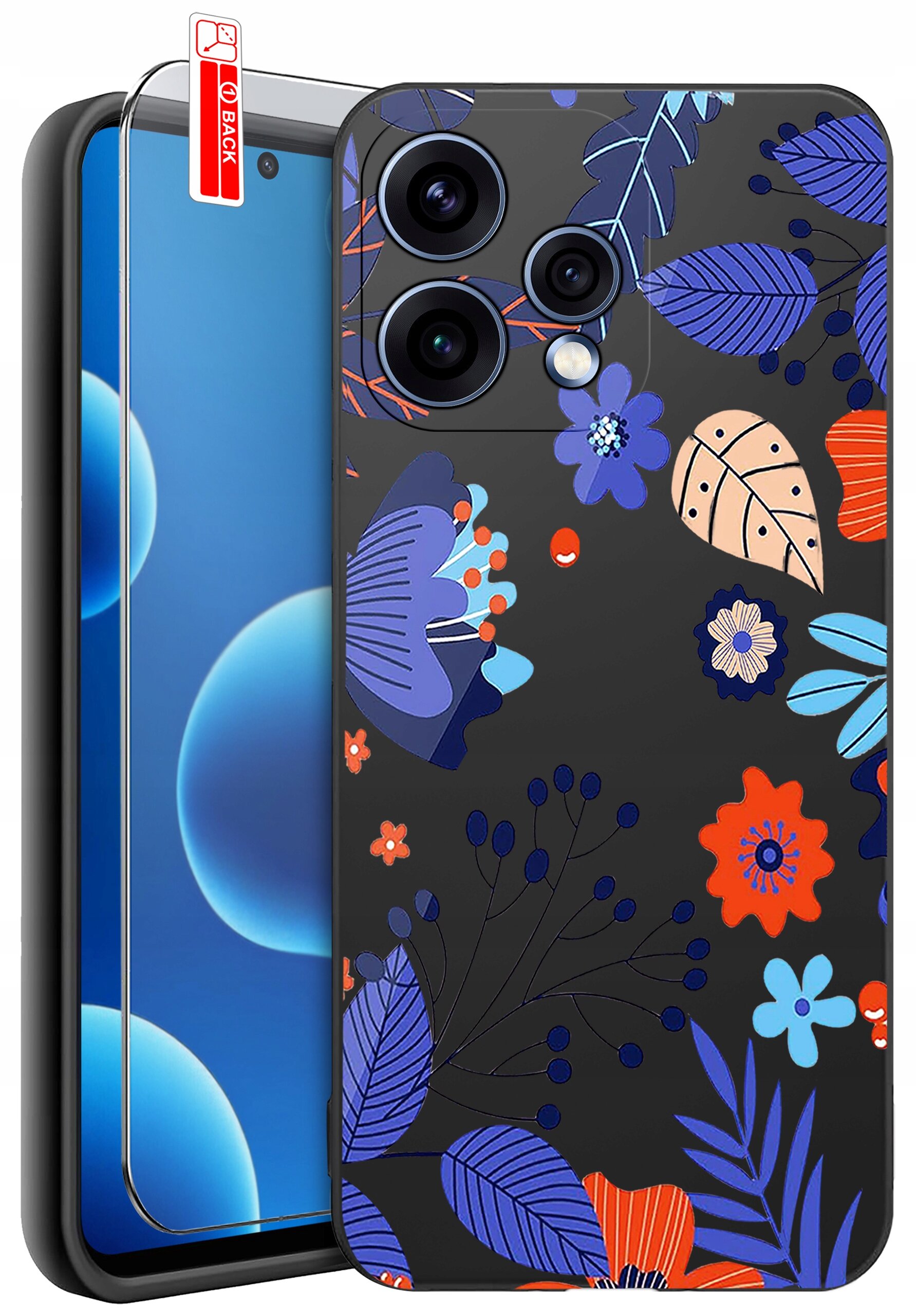 Etui na telefon z kolorowym, kwiatowym wzorem w odcieniach niebieskiego, pomarańczowego i fioletowego. Obok etui znajduje się szkło ochronne z napisem \'BACK\'.