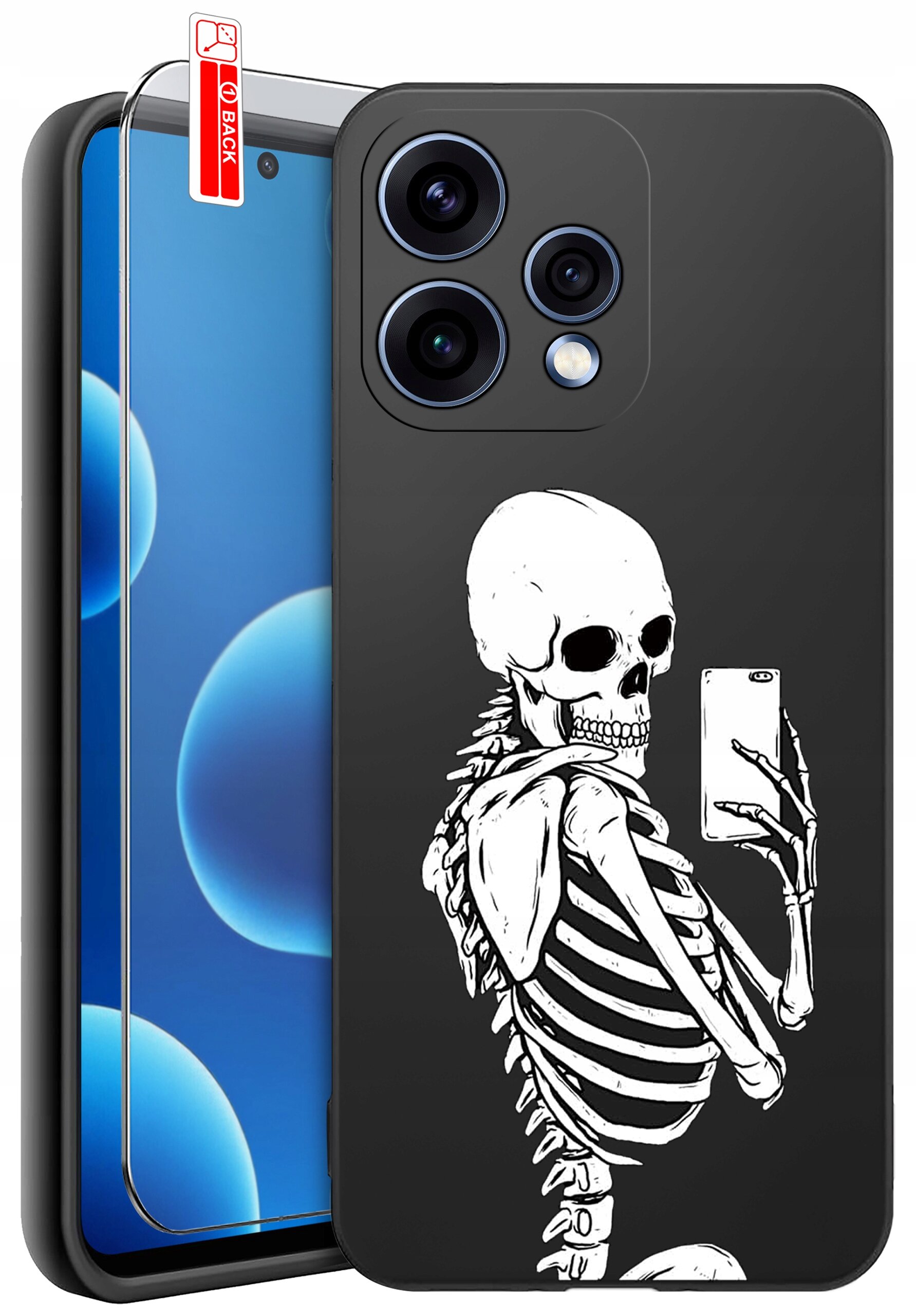 Czarne etui na telefon z nadrukiem białego szkieletu robiącego selfie. Obok znajduje się szkło ochronne z napisem \'BACK\'.