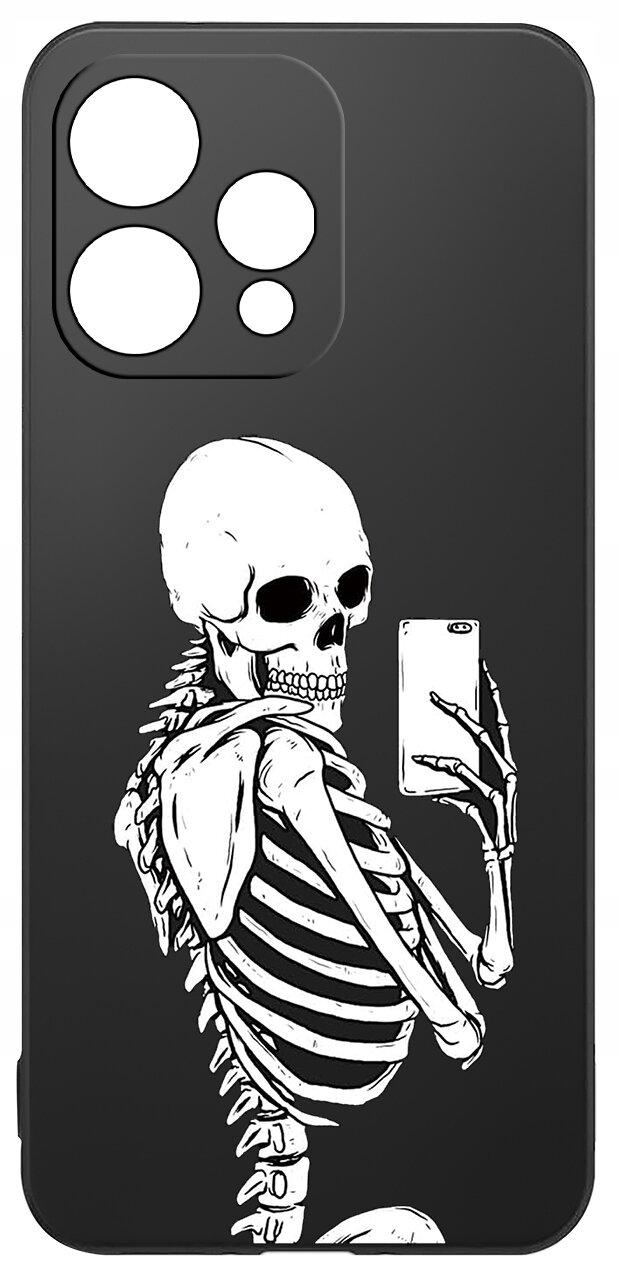 Czarne etui na telefon z nadrukiem białego szkieletu trzymającego smartfon. Etui ma wycięcia na aparat w kształcie trzech dużych i jednego małego okręgu.