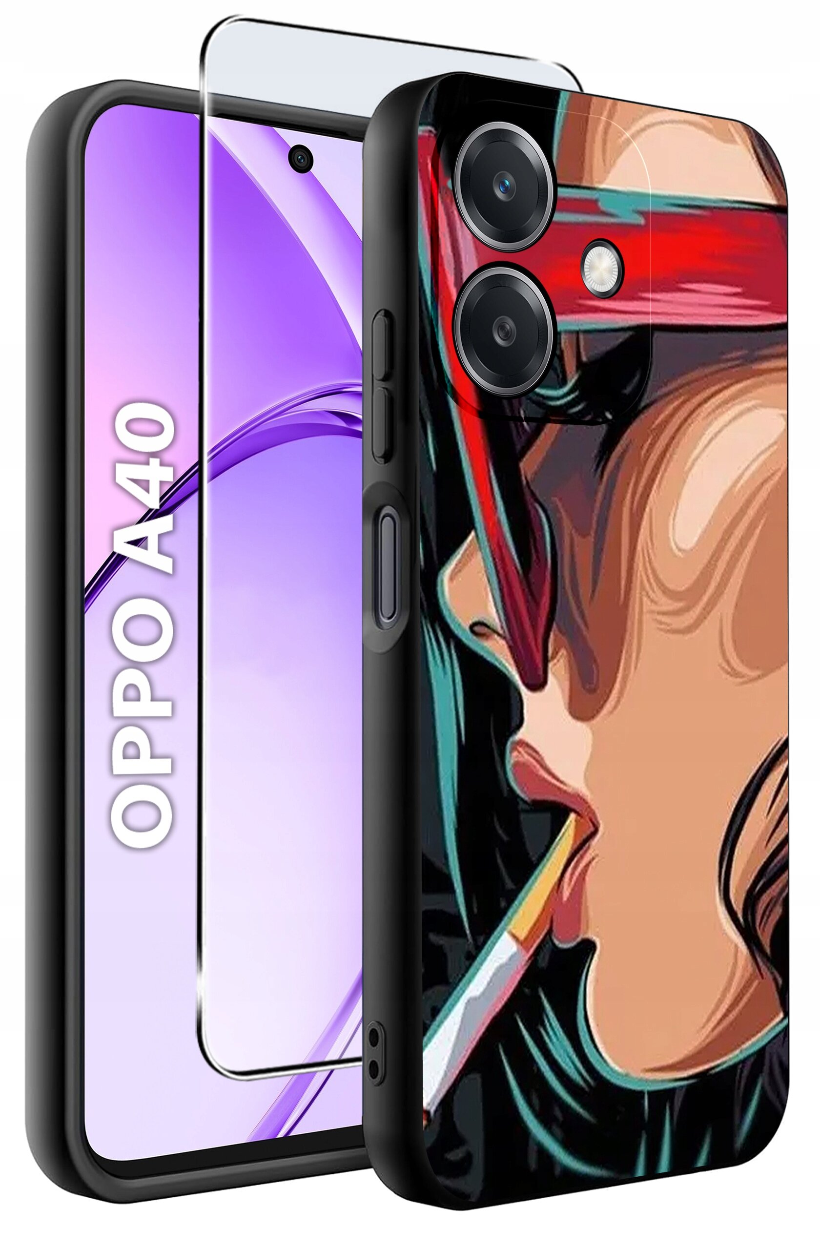 Obraz przedstawia etui na telefon z kolorowym wzorem przedstawiającym twarz w okularach i papierosem. Obok widoczny jest telefon z napisem \'OPPO A40\' oraz szkło ochronne.