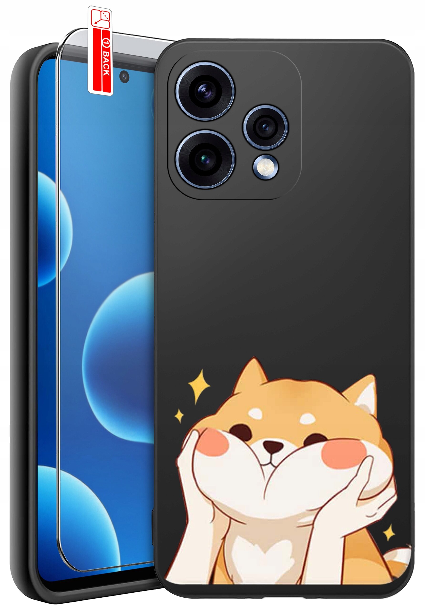 Obraz przedstawia czarne etui na telefon z nadrukiem psa z dużymi policzkami, trzymającego je łapkami. Obok etui znajduje się szkło ochronne z naklejką \'BACK\'.