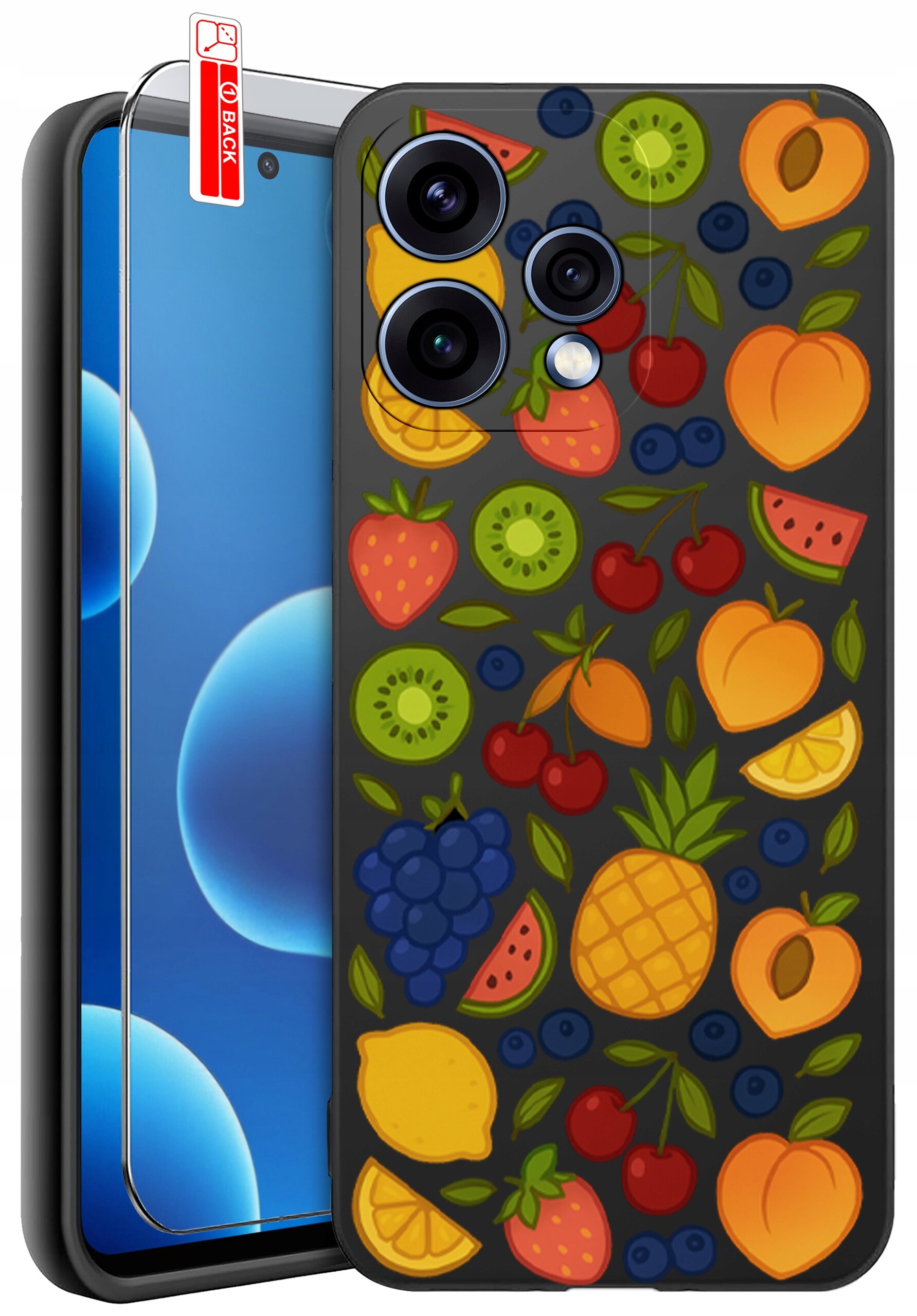 Etui na telefon z kolorowym wzorem owoców, takich jak kiwi, truskawki, wiśnie, brzoskwinie i ananasy. Obok etui znajduje się szkło ochronne z napisem \'BACK\'.