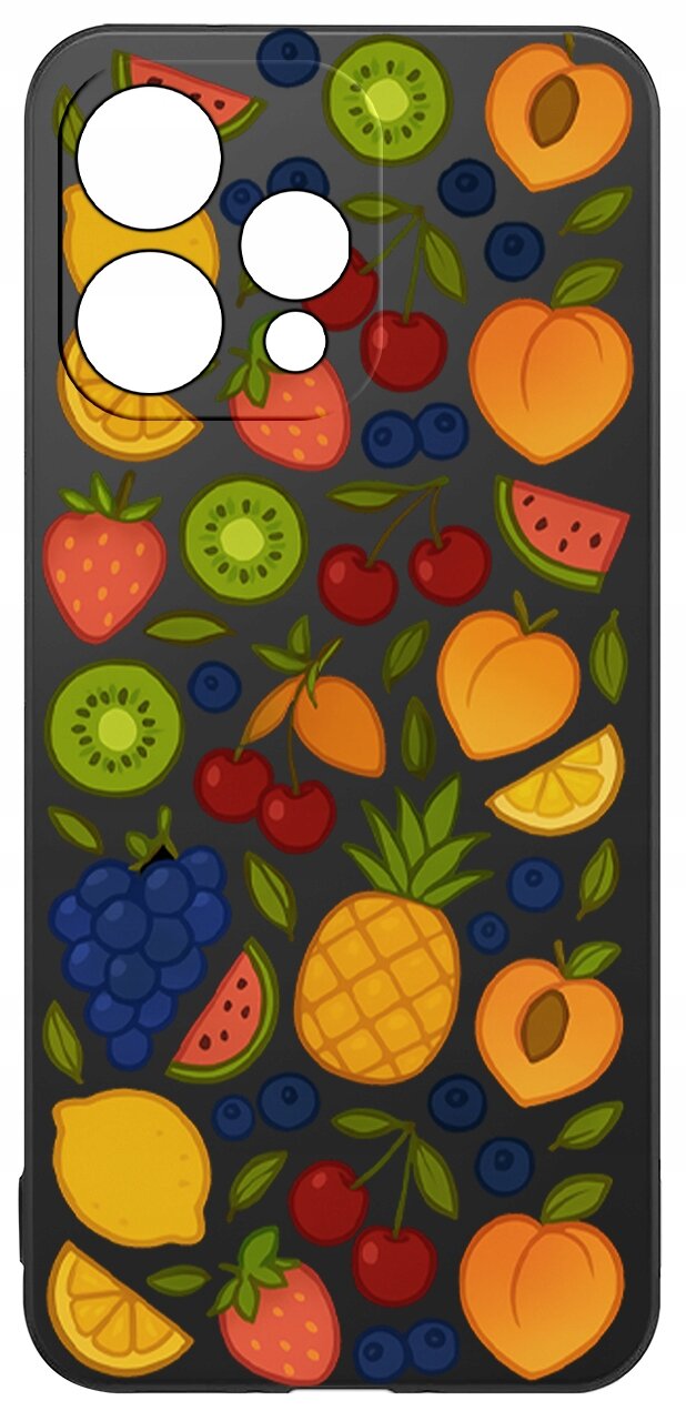 Etui na telefon z kolorowym wzorem owoców, takich jak kiwi, truskawki, winogrona, ananasy i brzoskwinie, na ciemnym tle. W górnej części znajdują się wycięcia na aparat.