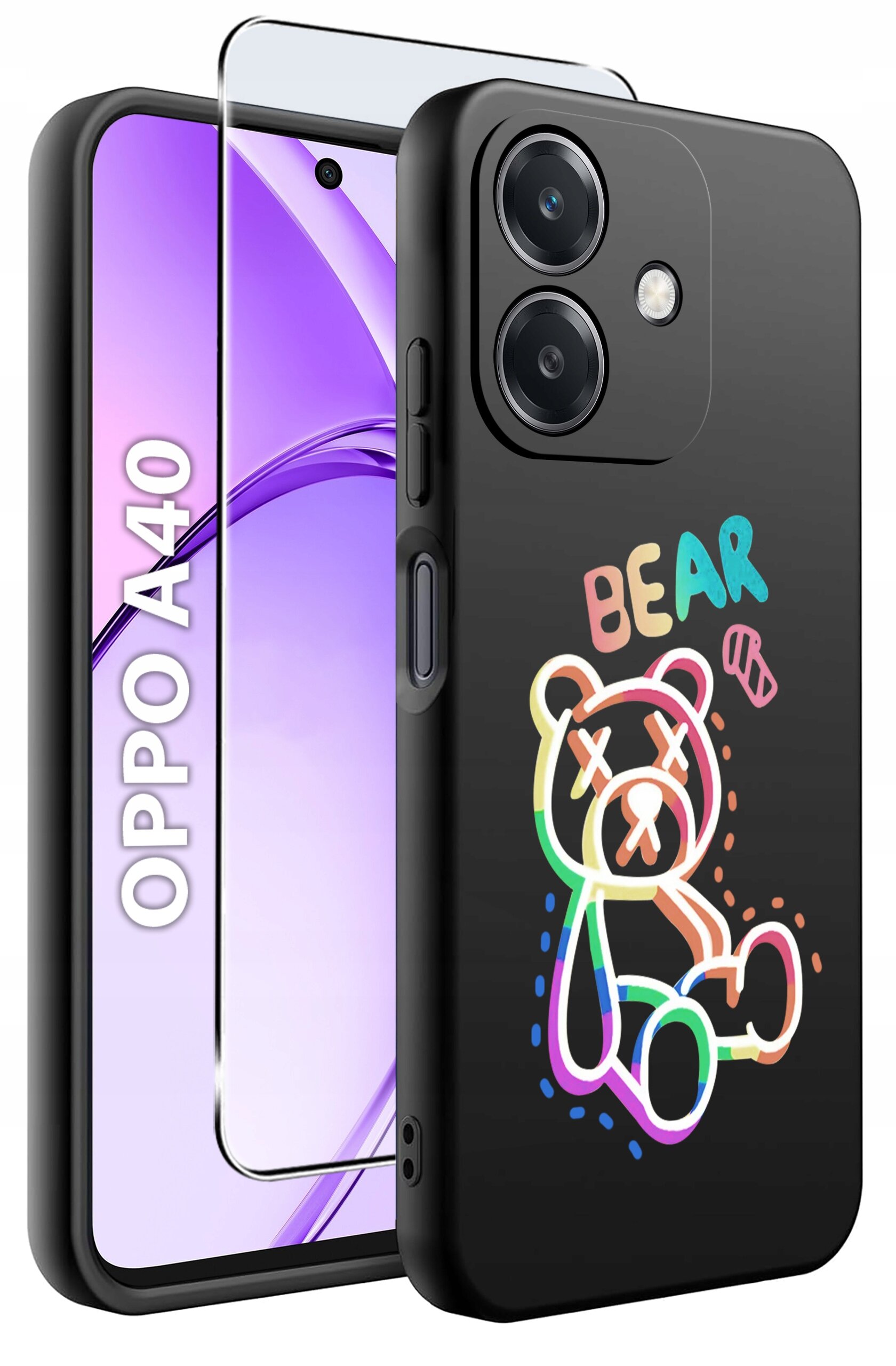 Obraz przedstawia czarne etui na telefon z kolorowym rysunkiem misia i napisem \'BEAR\'. Obok etui widoczny jest telefon z napisem \'OPPO A40\' oraz szkło ochronne.