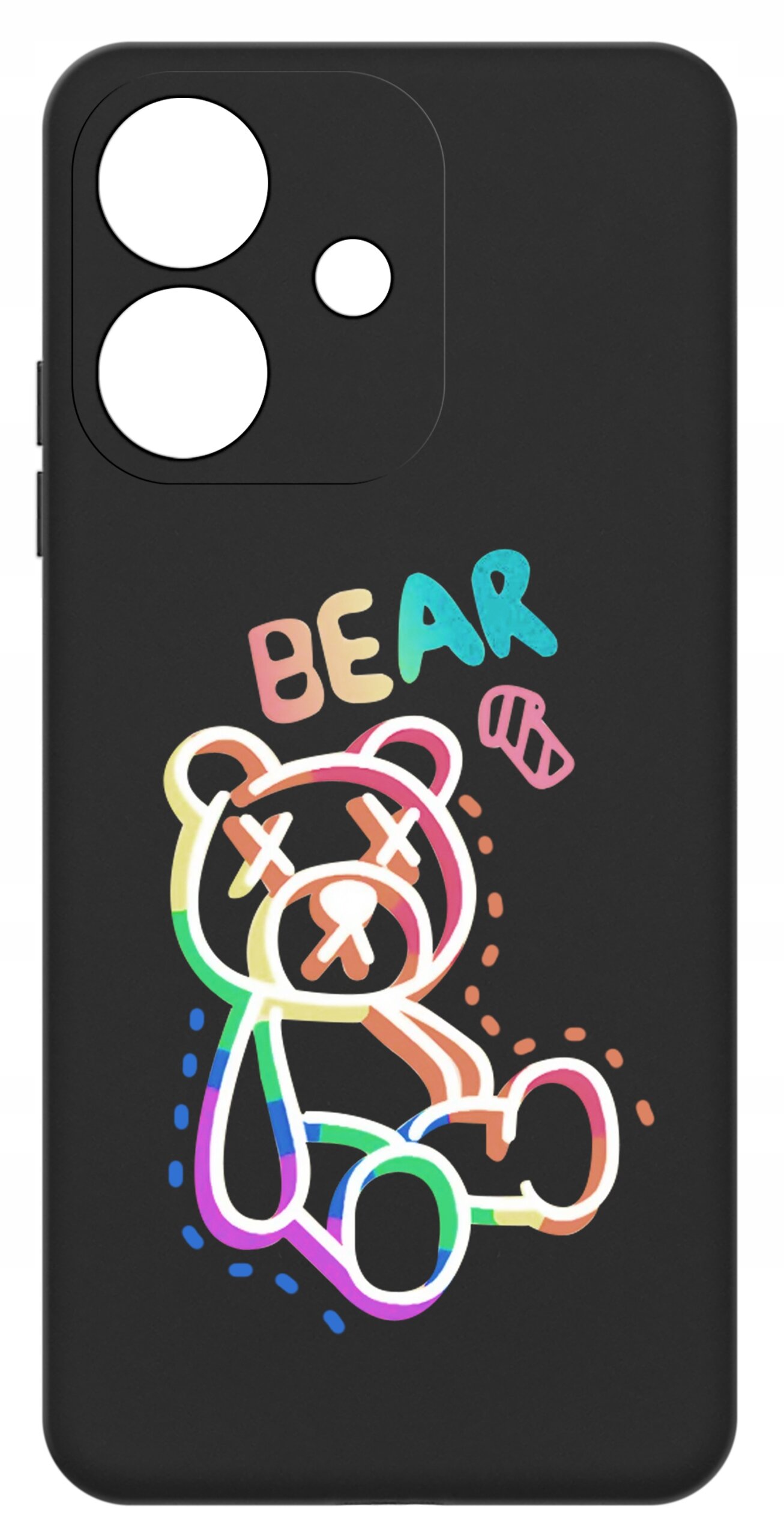 Czarne etui z kolorowym rysunkiem misia z zamkniętymi oczami i napisem \'BEAR\'.