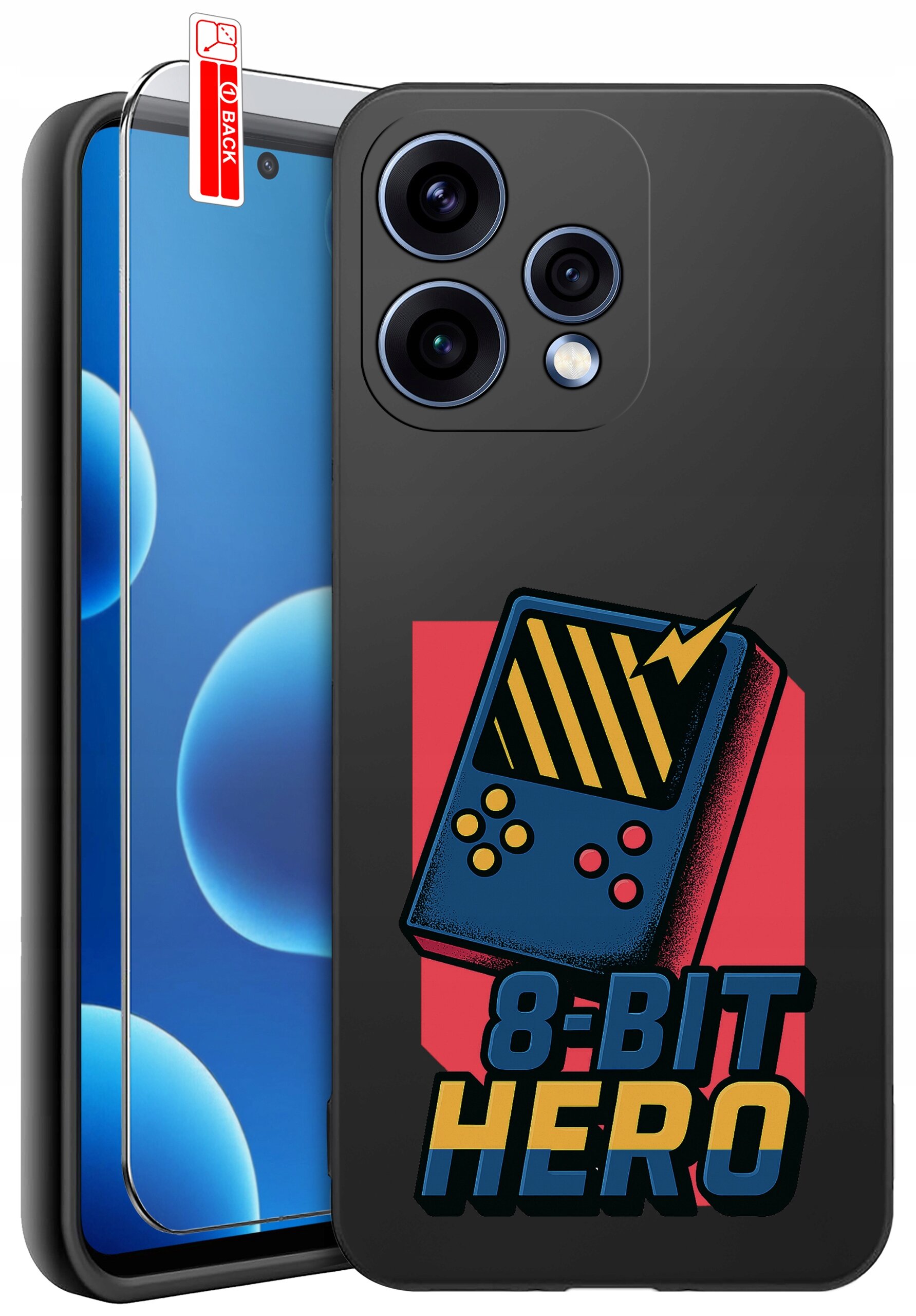Etui na telefon z grafiką przedstawiającą retro konsolę do gier i napisem \'8-BIT HERO\'. Obok etui znajduje się szkło ochronne z oznaczeniem \'BACK\'.