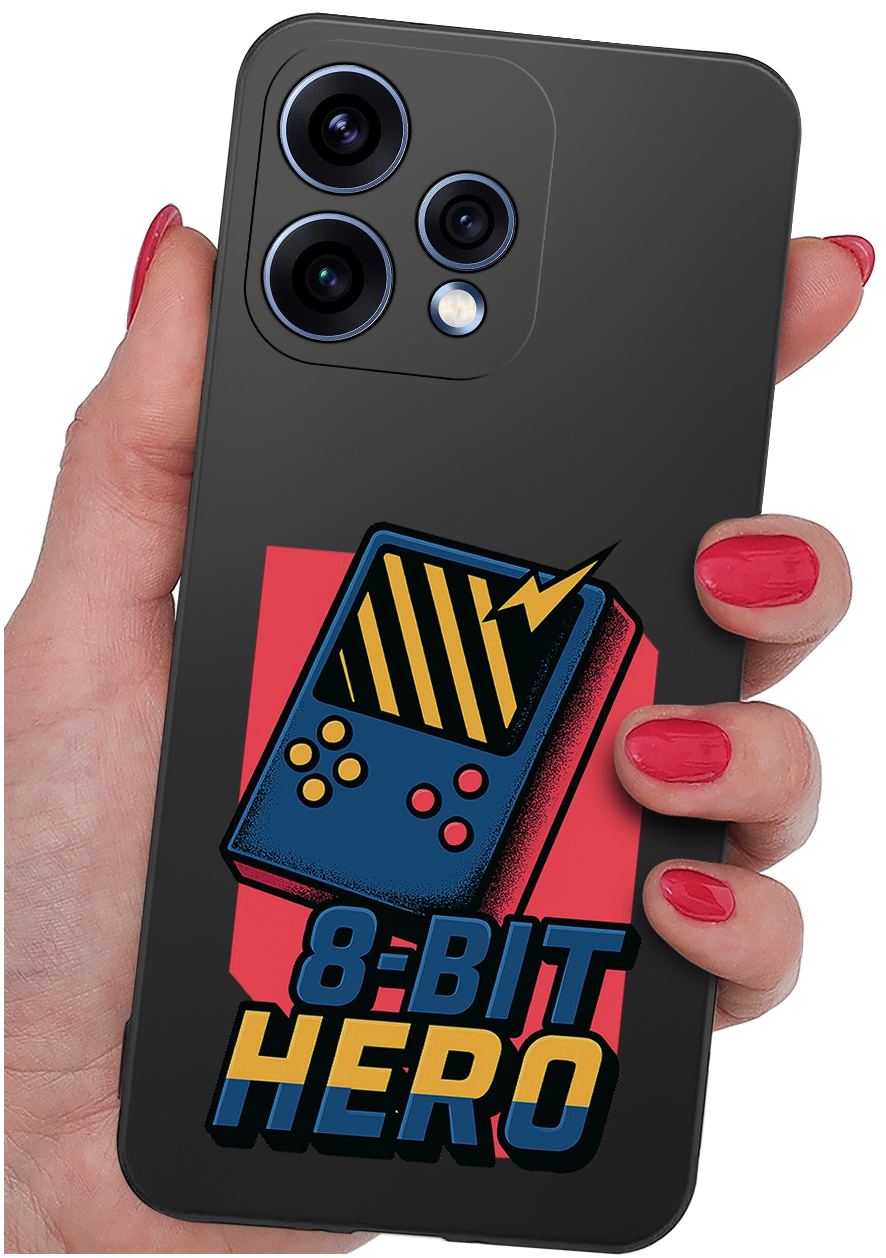 Czarna obudowa telefonu z kolorowym nadrukiem przedstawiającym retro konsolę do gier i napis \'8-BIT HERO\'.