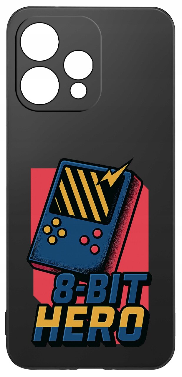 Czarne etui z grafiką przedstawiającą niebieską konsolę do gier z żółtymi przyciskami i napisem \'8-BIT HERO\'.