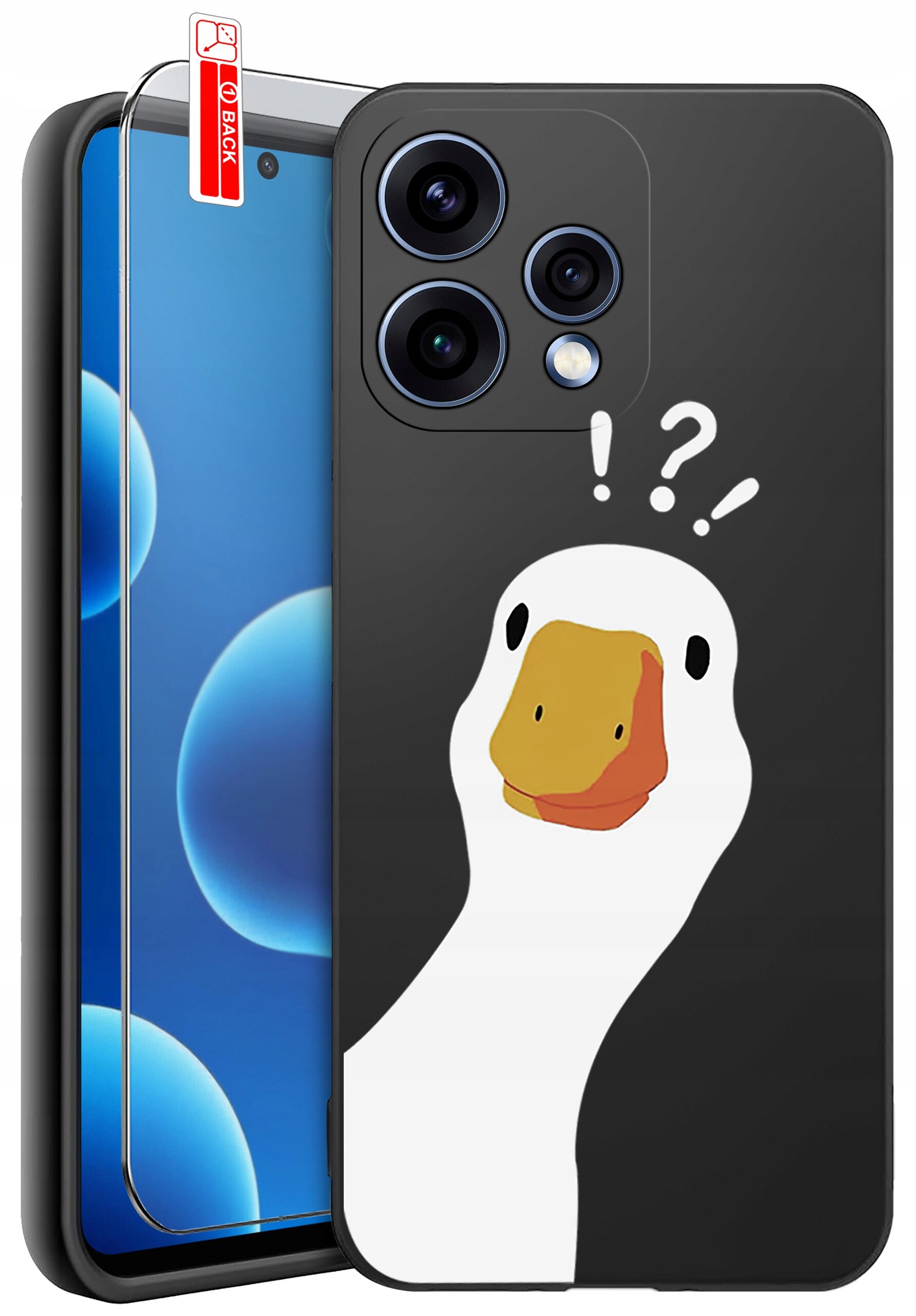 Etui na telefon z nadrukiem białej kaczki z wykrzyknikiem i znakiem zapytania na czarnym tle. Obok znajduje się szkło ochronne z napisem \'BACK\'.