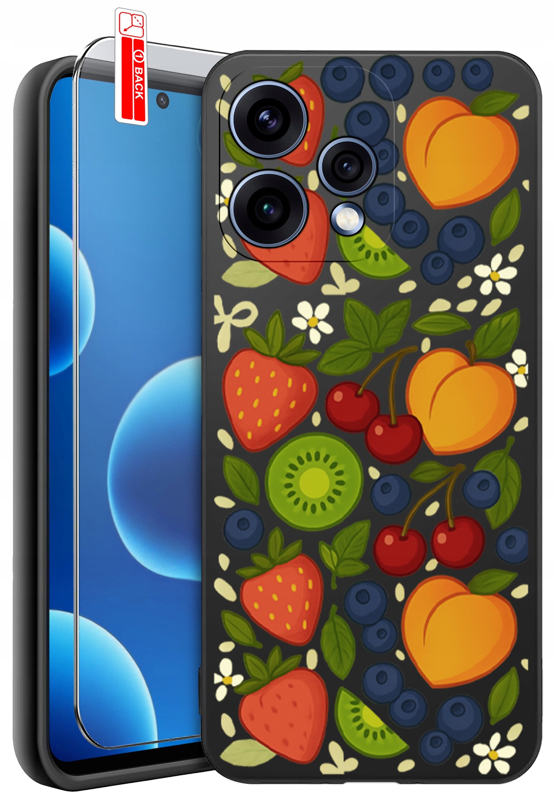 Etui na telefon z kolorowym wzorem owoców, takich jak truskawki, kiwi, wiśnie, brzoskwinie i jagody. Obok etui znajduje się szkło ochronne z napisem \'BACK\'.