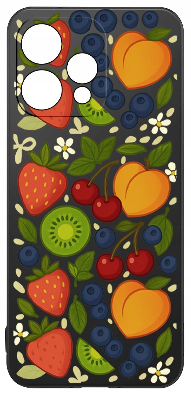 Etui na telefon z kolorowym wzorem owoców, takich jak truskawki, brzoskwinie, kiwi, wiśnie i jagody, na ciemnym tle.