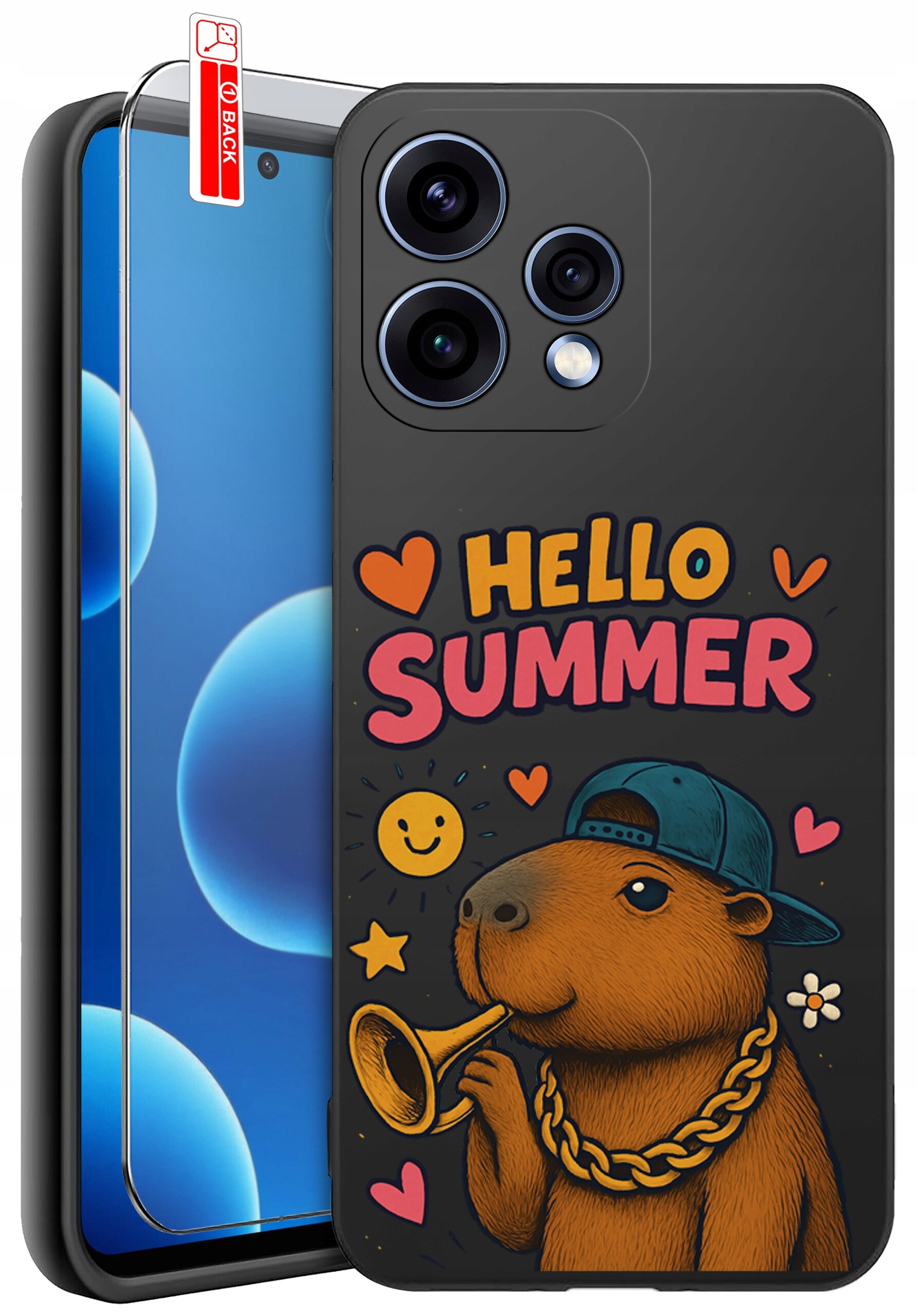 Etui na telefon z grafiką przedstawiającą kapibarę w czapce z daszkiem, trzymającą trąbkę, oraz napisem \'HELLO SUMMER\'. W zestawie znajduje się również szkło ochronne z oznaczeniem \'BACK\'.