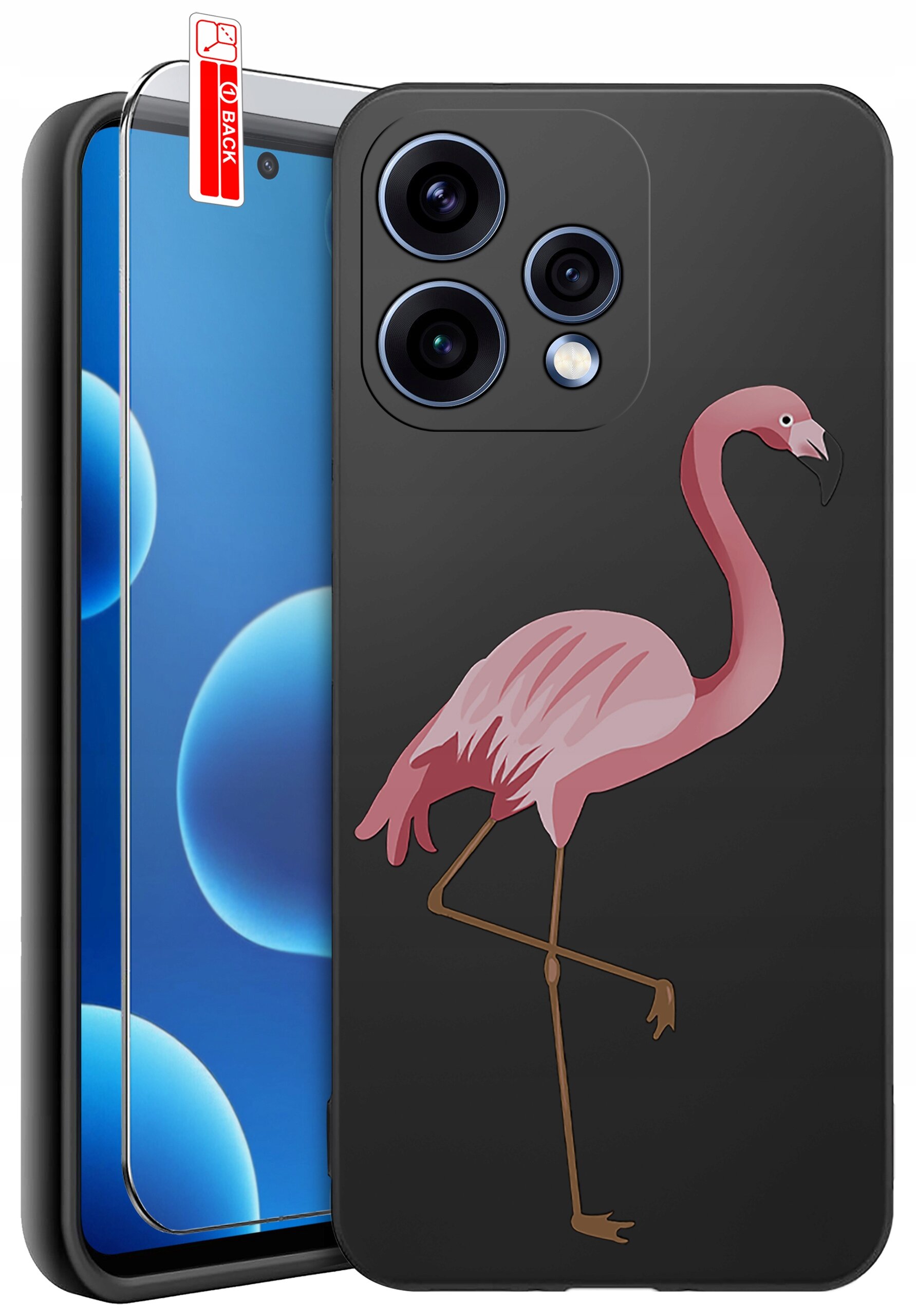 Czarne etui na telefon z nadrukiem różowego flaminga, obok przezroczyste szkło ochronne z napisem \'BACK\'.