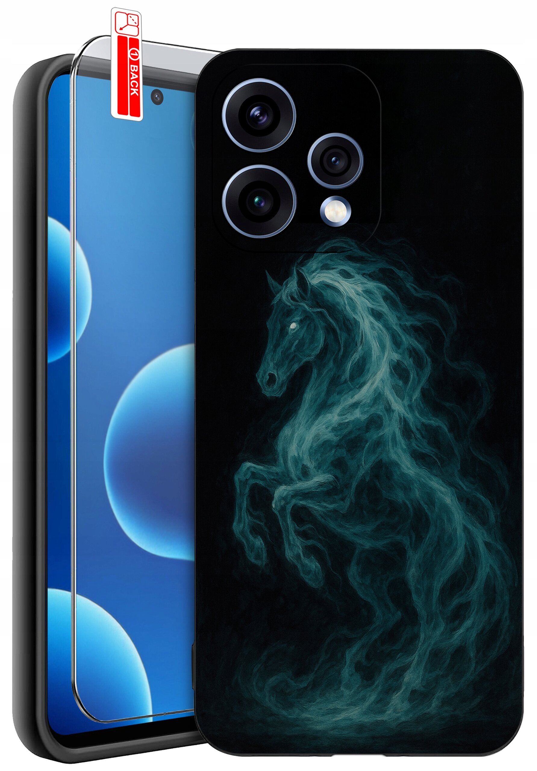 Etui na telefon z grafiką przedstawiającą konia w stylu dymu na czarnym tle. Obok etui znajduje się szkło ochronne z napisem \'BACK\'.