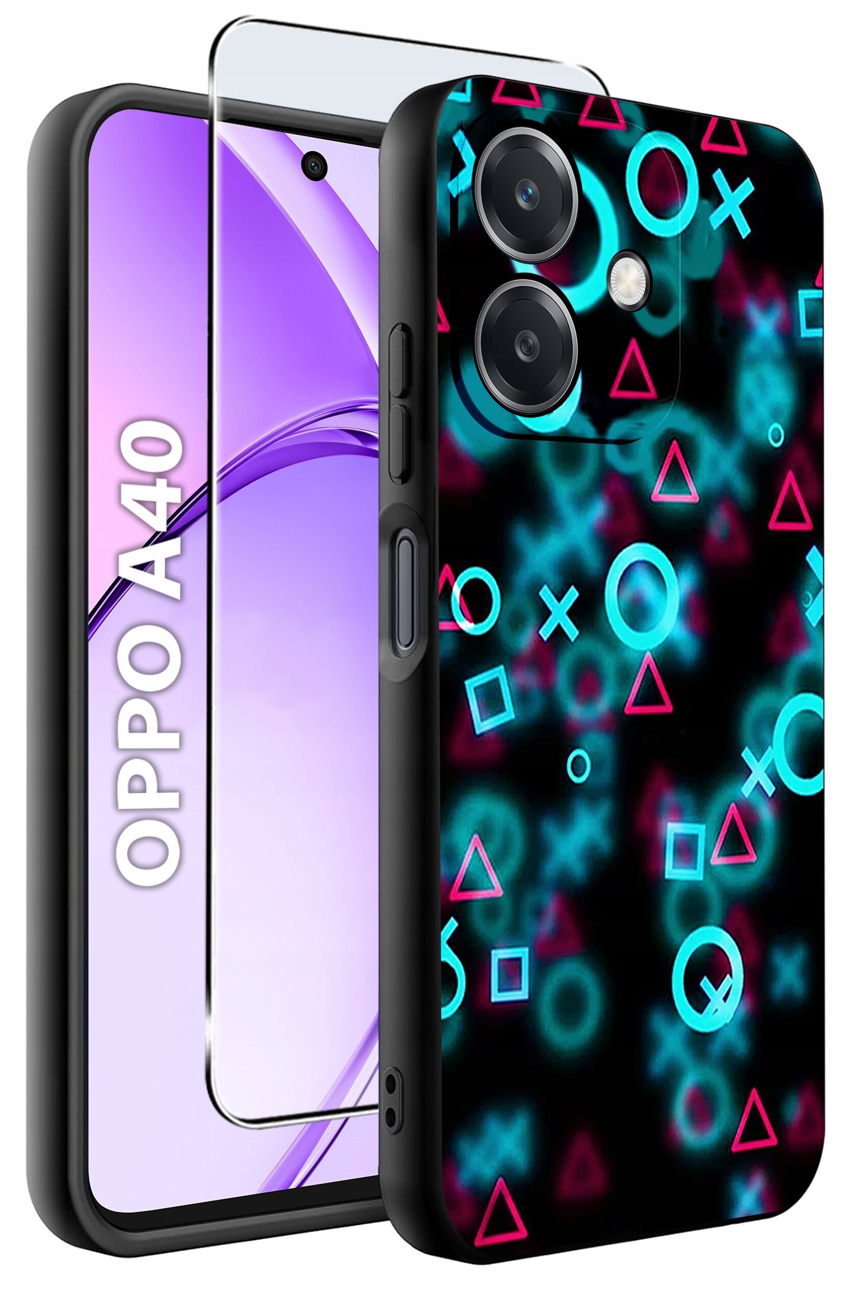 Obraz przedstawia etui na telefon z kolorowymi symbolami geometrycznymi na czarnym tle oraz szkło ochronne. Obok widoczny jest telefon z napisem \'OPPO A40\'.