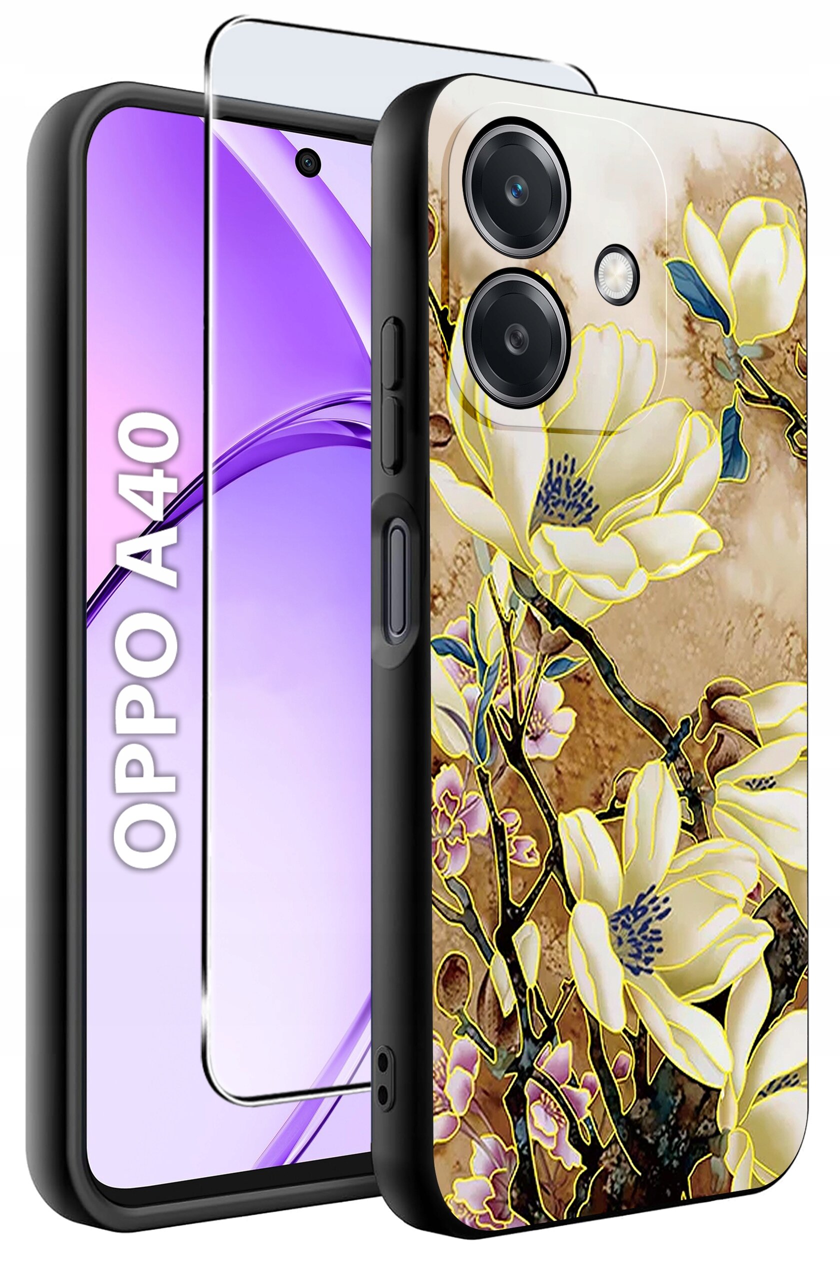 Obraz przedstawia etui na telefon z motywem kwiatowym oraz szkło ochronne. Na ekranie telefonu widoczny jest napis \'OPPO A40\'.