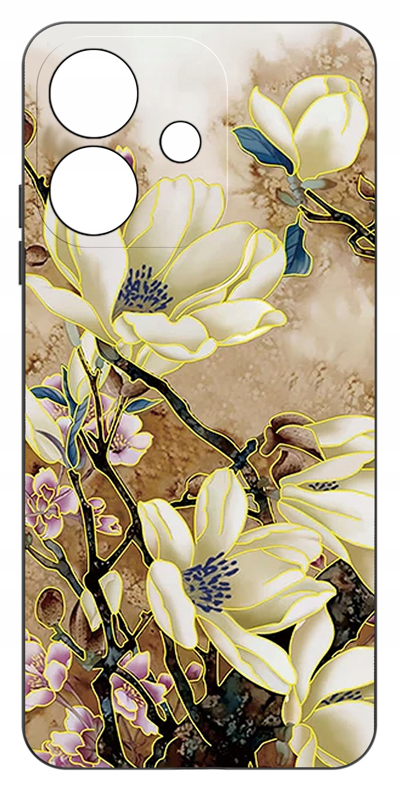 Etui na telefon z wzorem kwiatów magnolii na tle w odcieniach brązu i beżu. W górnej części widoczne są otwory na aparat i inne elementy telefonu.