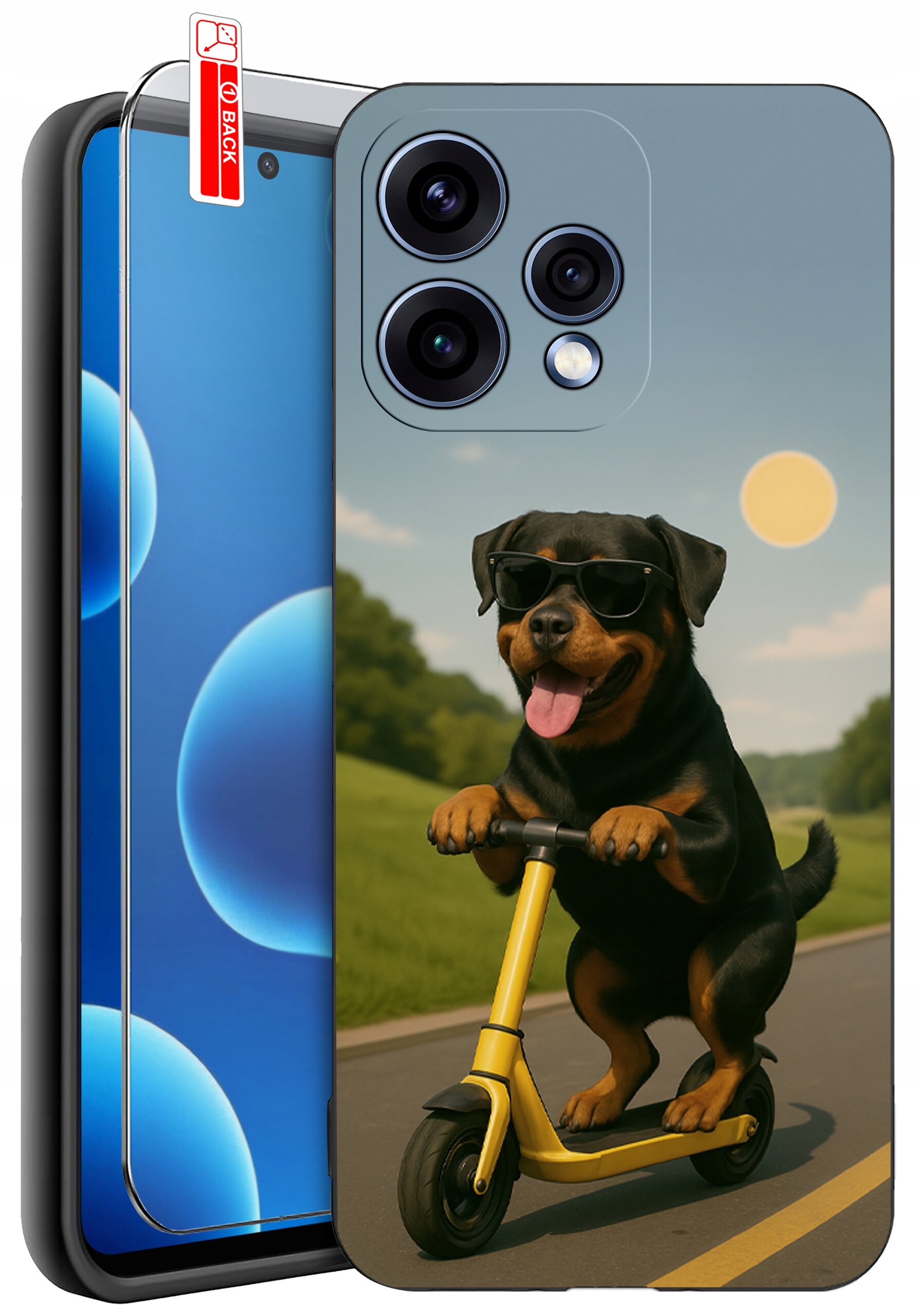 Etui na telefon z nadrukiem psa w okularach przeciwsłonecznych jadącego na hulajnodze. Obok etui znajduje się szkło ochronne z napisem \'BACK\'.